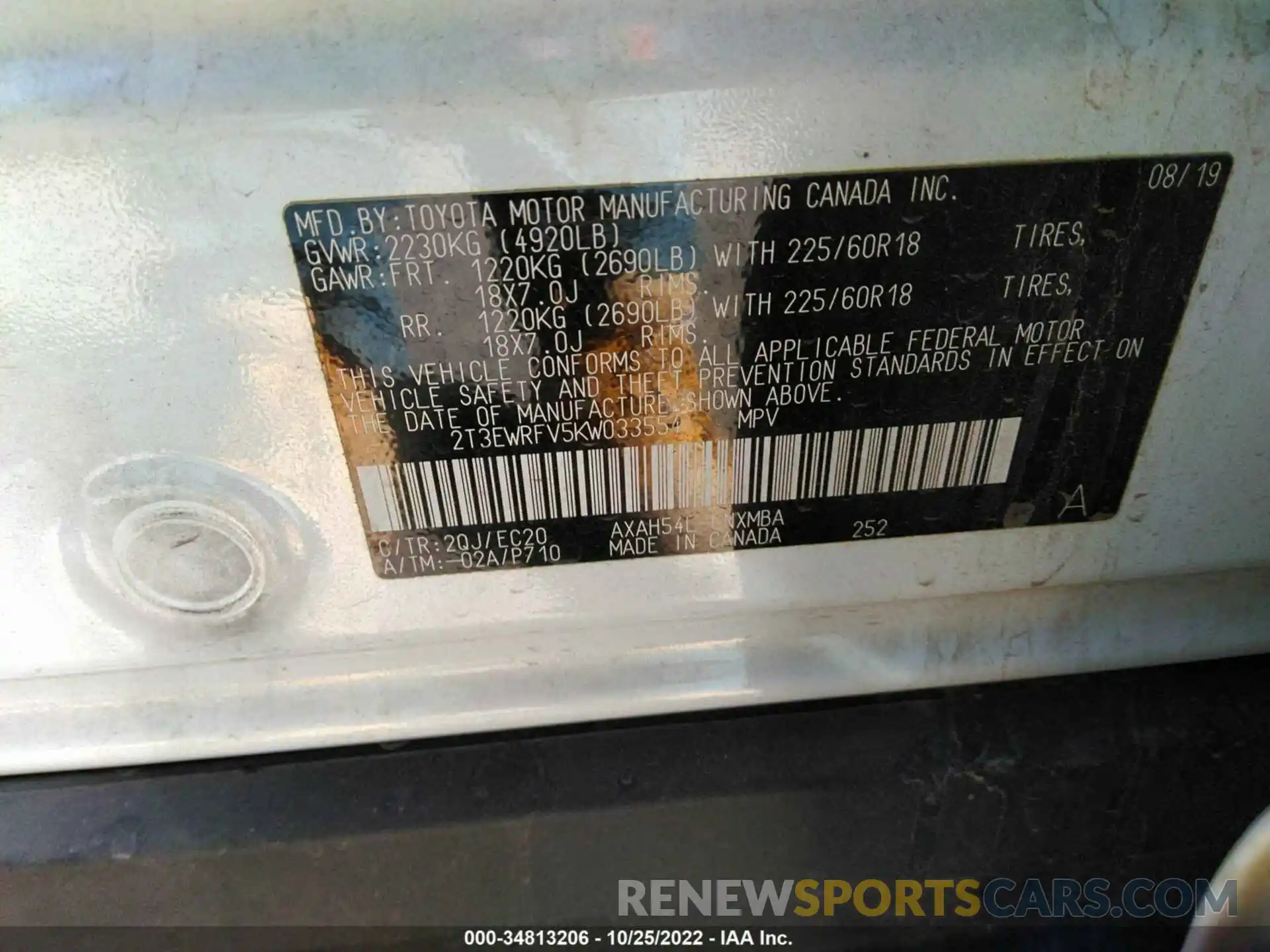 9 Photograph of a damaged car 2T3EWRFV5KW033554 TOYOTA RAV4 2019