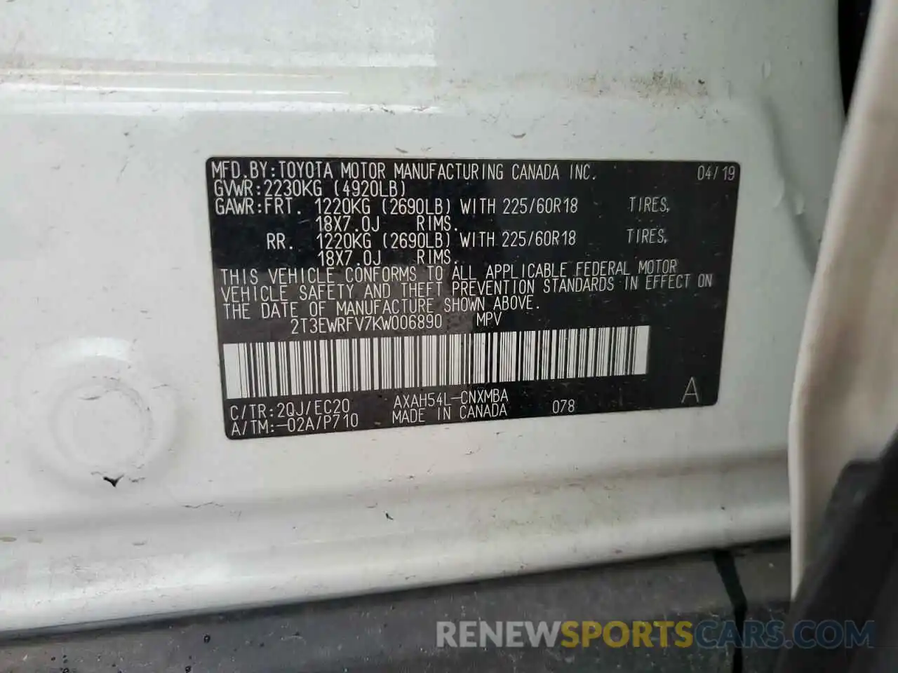 10 Photograph of a damaged car 2T3EWRFV7KW006890 TOYOTA RAV4 2019