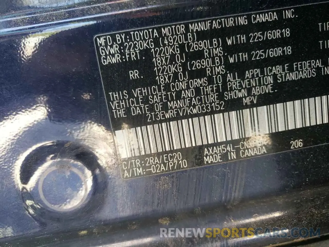 14 Photograph of a damaged car 2T3EWRFV7KW033152 TOYOTA RAV4 2019