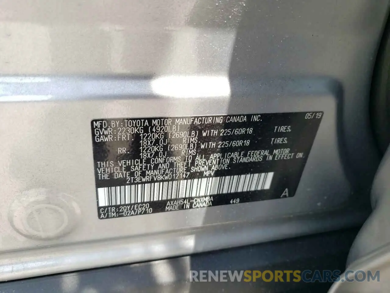 12 Photograph of a damaged car 2T3EWRFV8KW012147 TOYOTA RAV4 2019