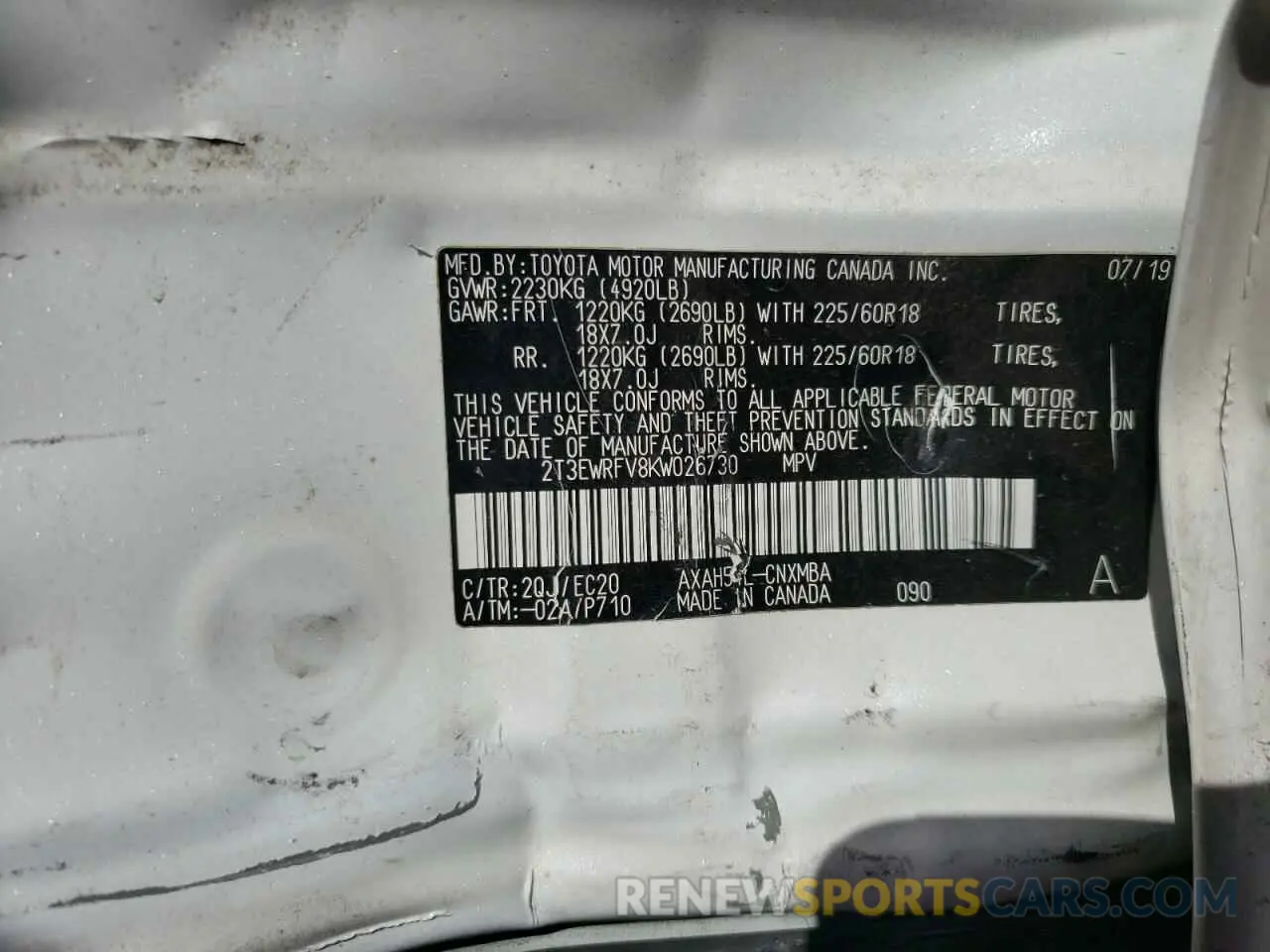 13 Photograph of a damaged car 2T3EWRFV8KW026730 TOYOTA RAV4 2019