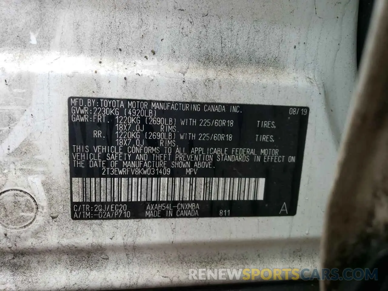 13 Photograph of a damaged car 2T3EWRFV8KW031409 TOYOTA RAV4 2019