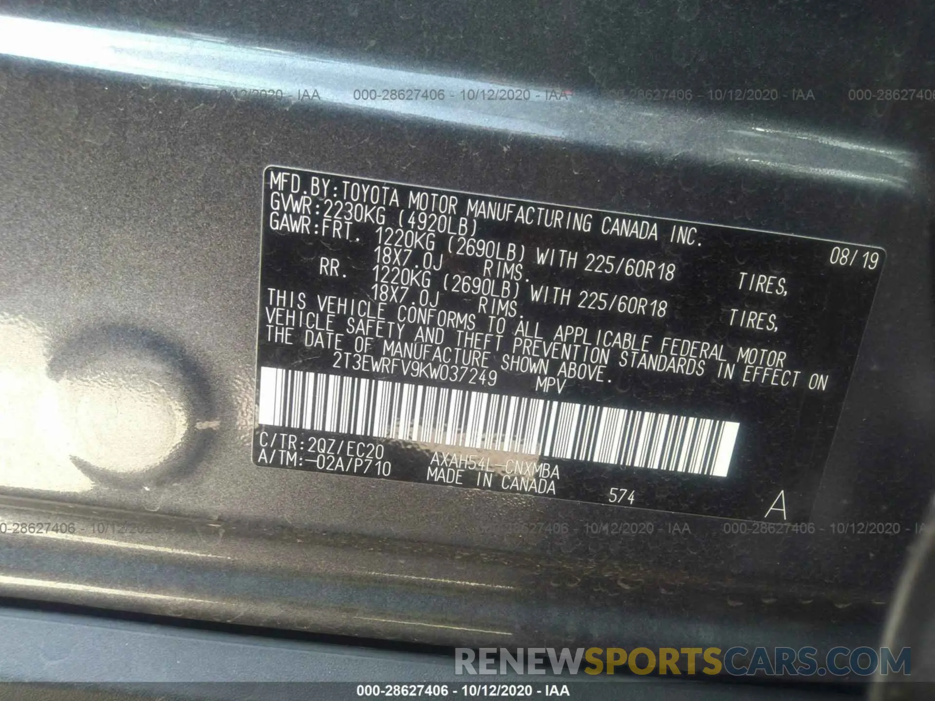 9 Photograph of a damaged car 2T3EWRFV9KW037249 TOYOTA RAV4 2019