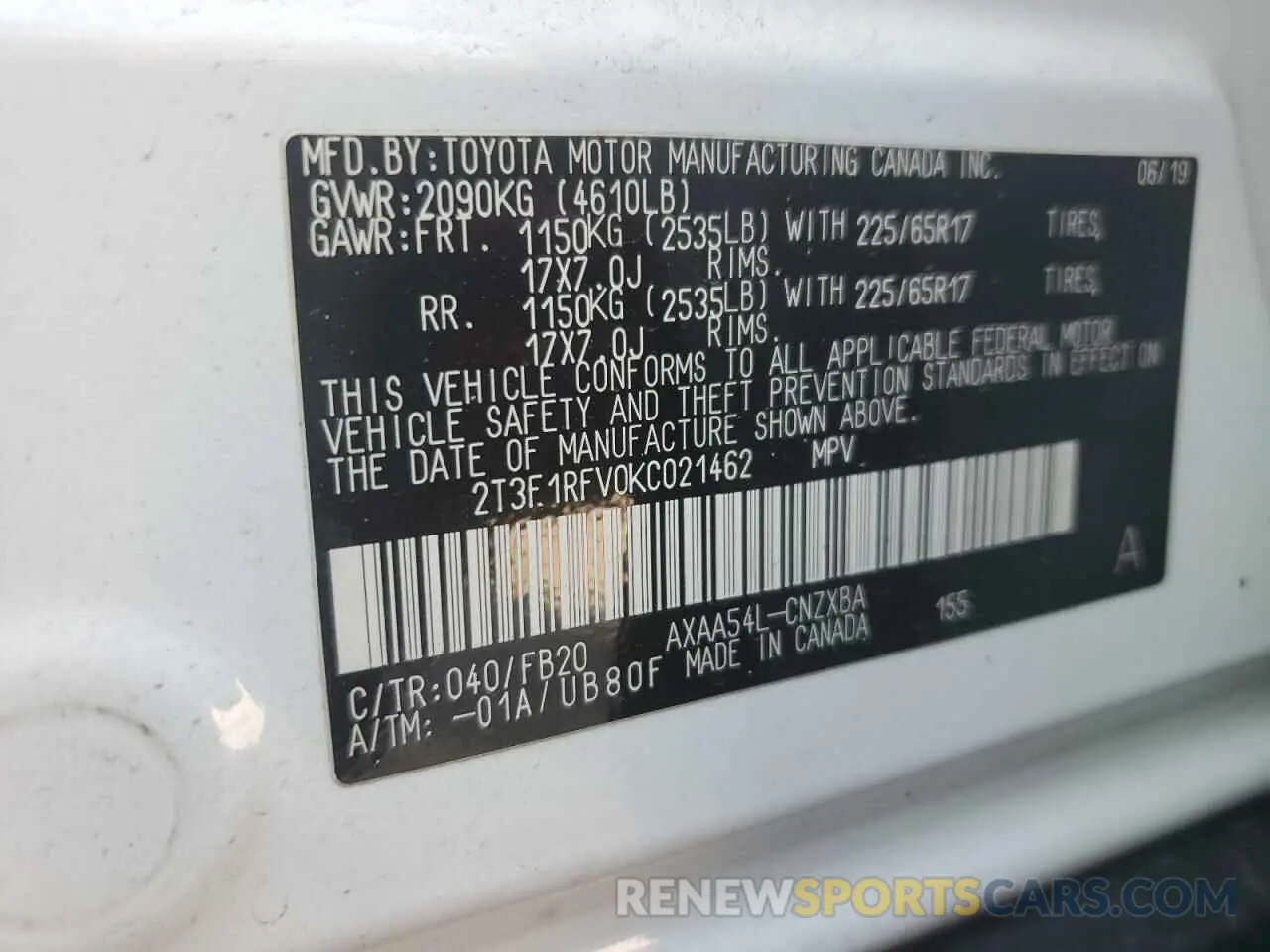 14 Photograph of a damaged car 2T3F1RFV0KC021462 TOYOTA RAV4 2019