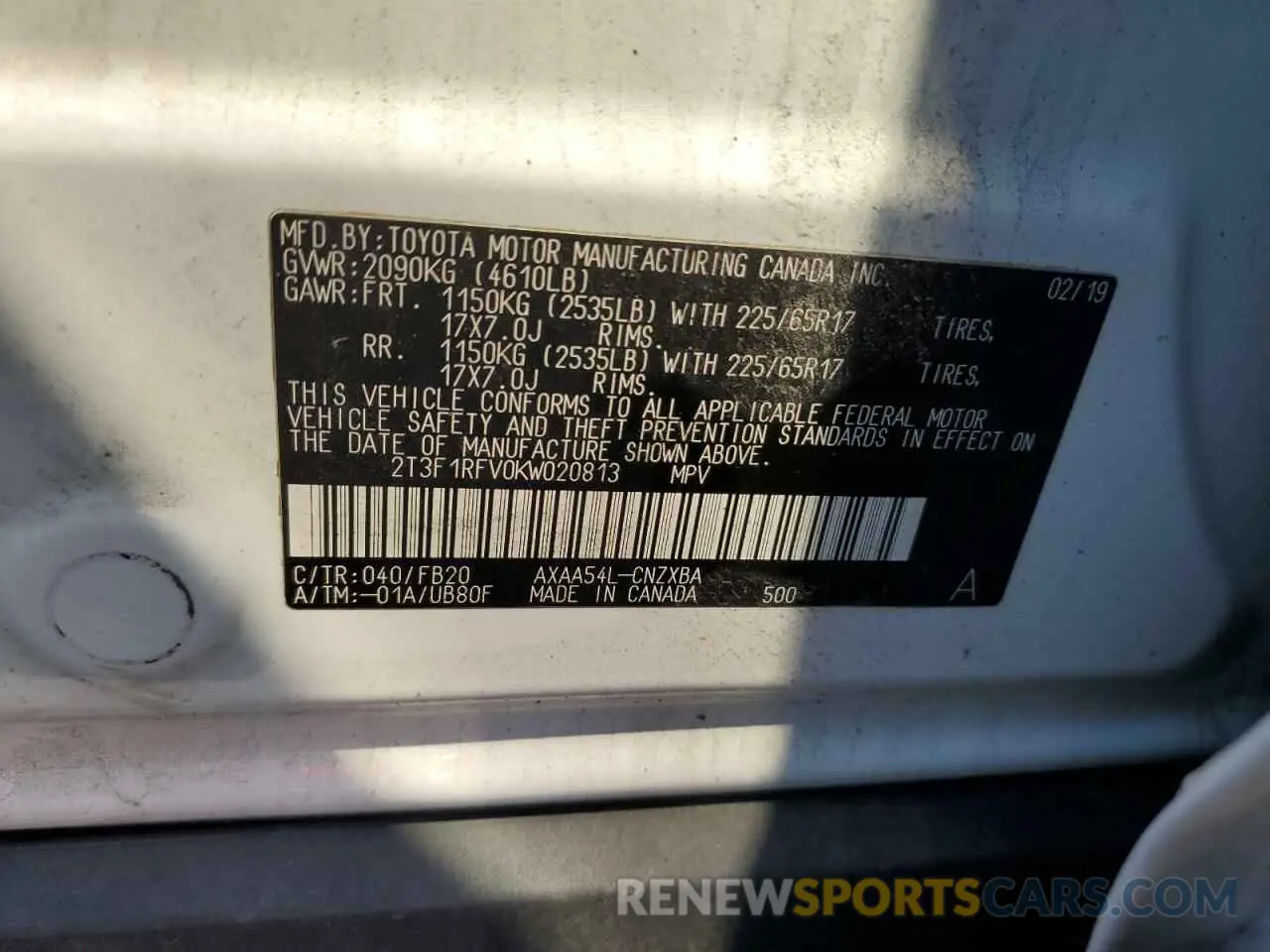 13 Photograph of a damaged car 2T3F1RFV0KW020813 TOYOTA RAV4 2019