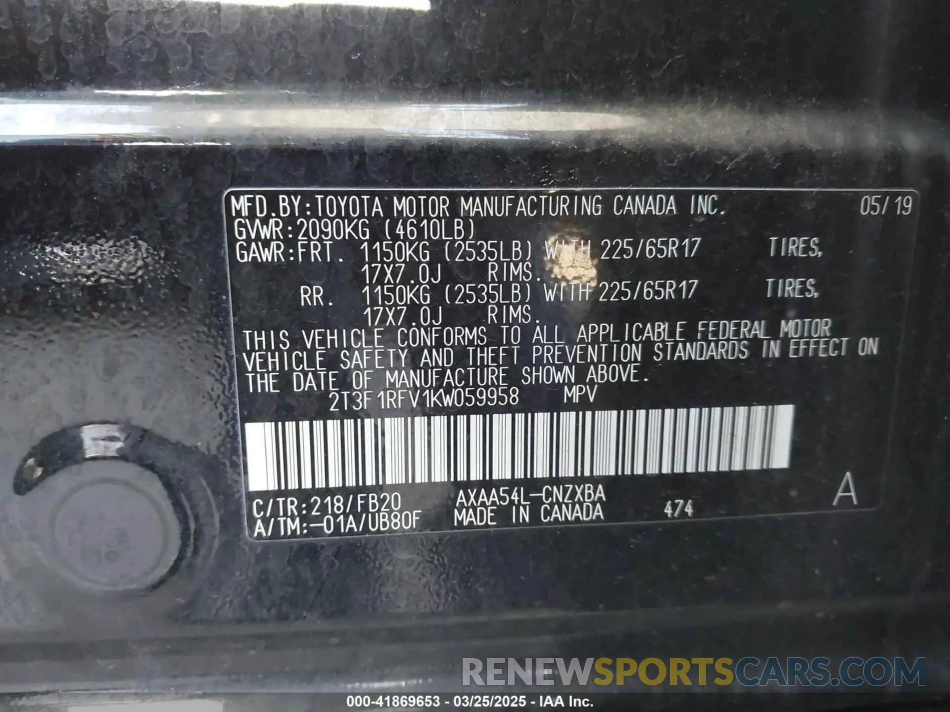 9 Photograph of a damaged car 2T3F1RFV1KW059958 TOYOTA RAV4 2019