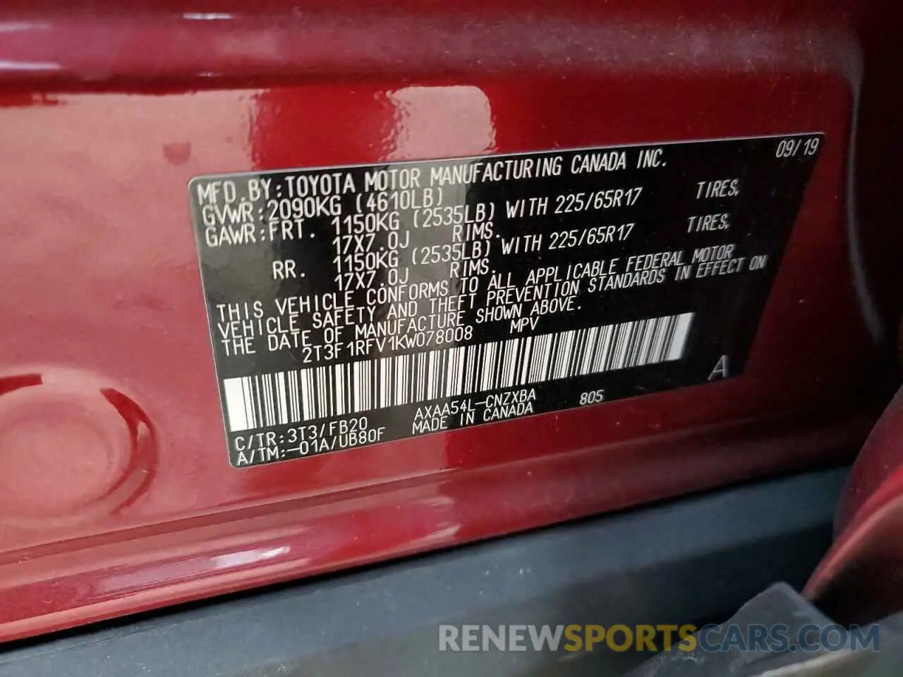 12 Photograph of a damaged car 2T3F1RFV1KW078008 TOYOTA RAV4 2019