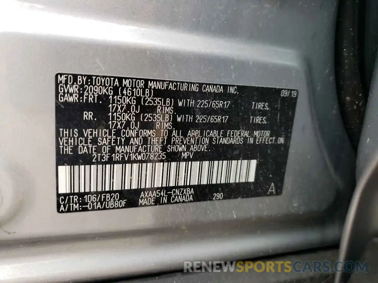 10 Photograph of a damaged car 2T3F1RFV1KW078235 TOYOTA RAV4 2019