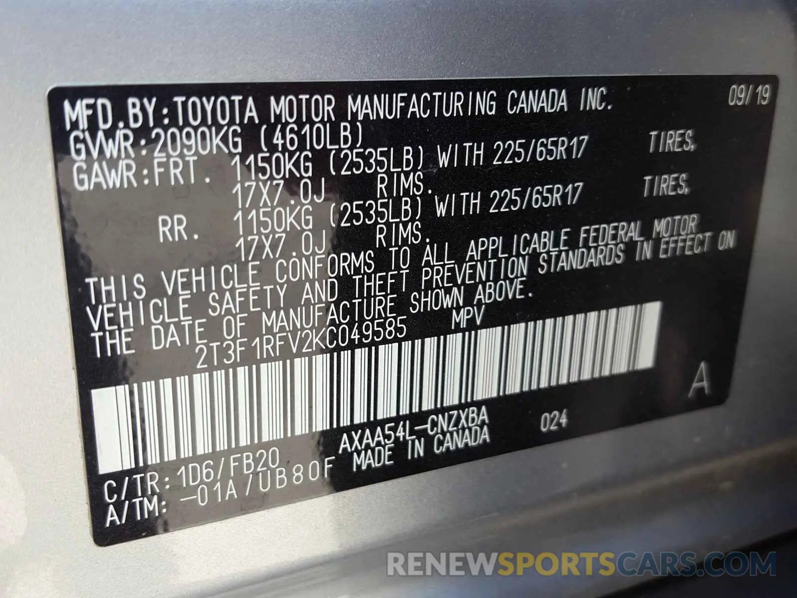 10 Photograph of a damaged car 2T3F1RFV2KC049585 TOYOTA RAV4 2019
