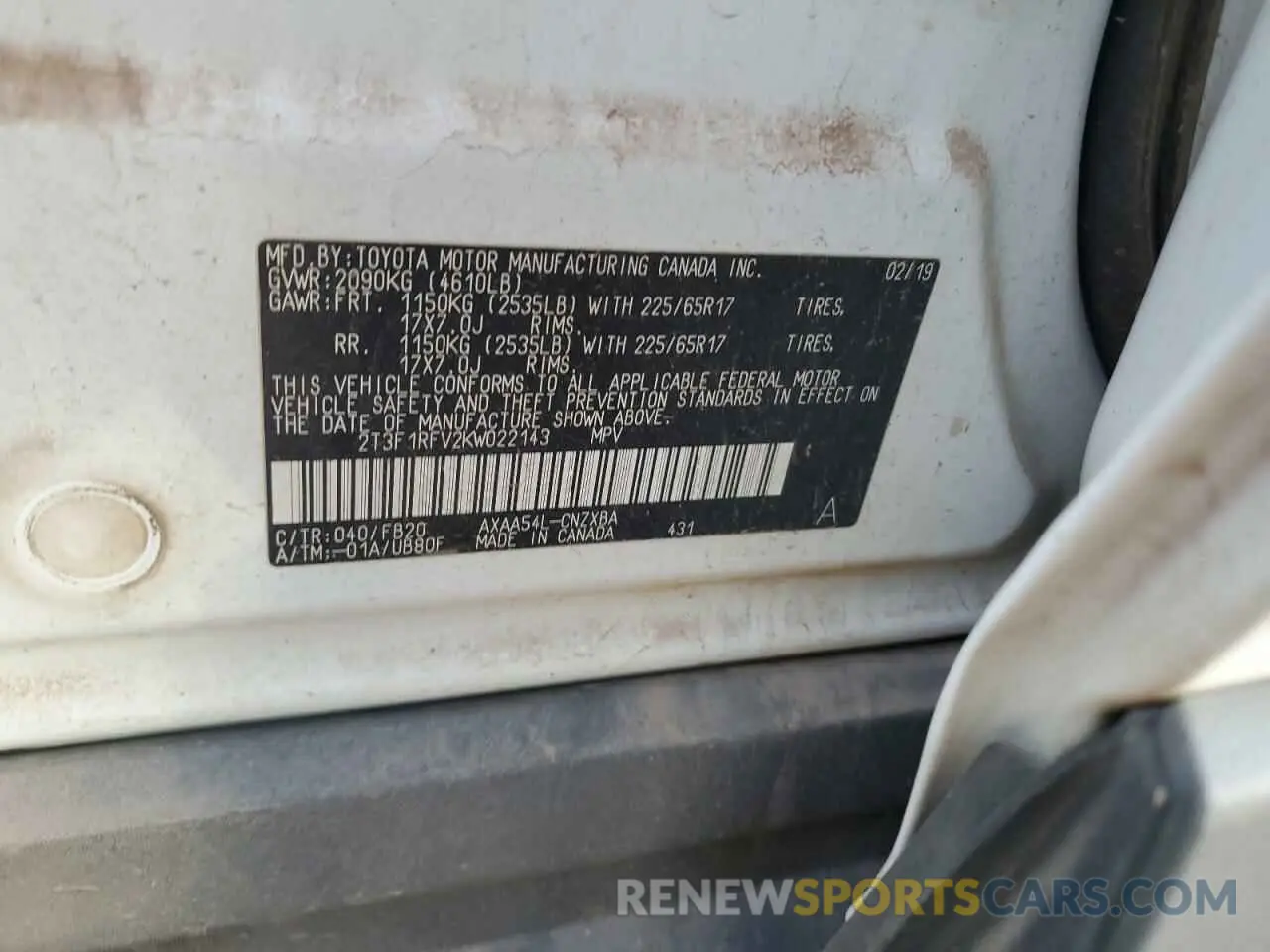 13 Photograph of a damaged car 2T3F1RFV2KW022143 TOYOTA RAV4 2019