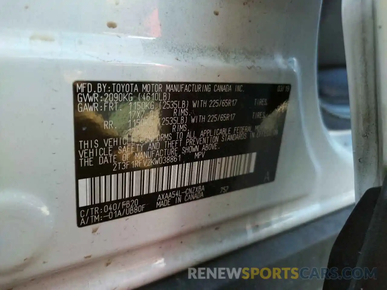 10 Photograph of a damaged car 2T3F1RFV2KW038861 TOYOTA RAV4 2019