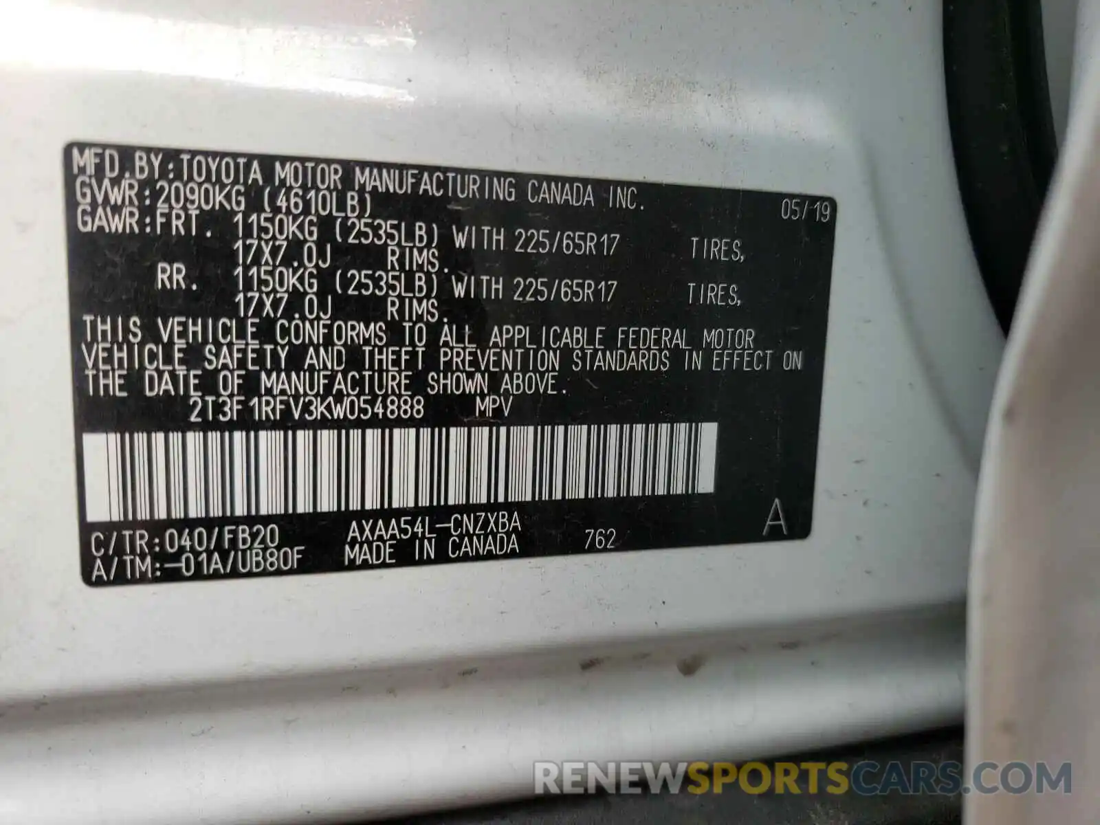 10 Photograph of a damaged car 2T3F1RFV3KW054888 TOYOTA RAV4 2019