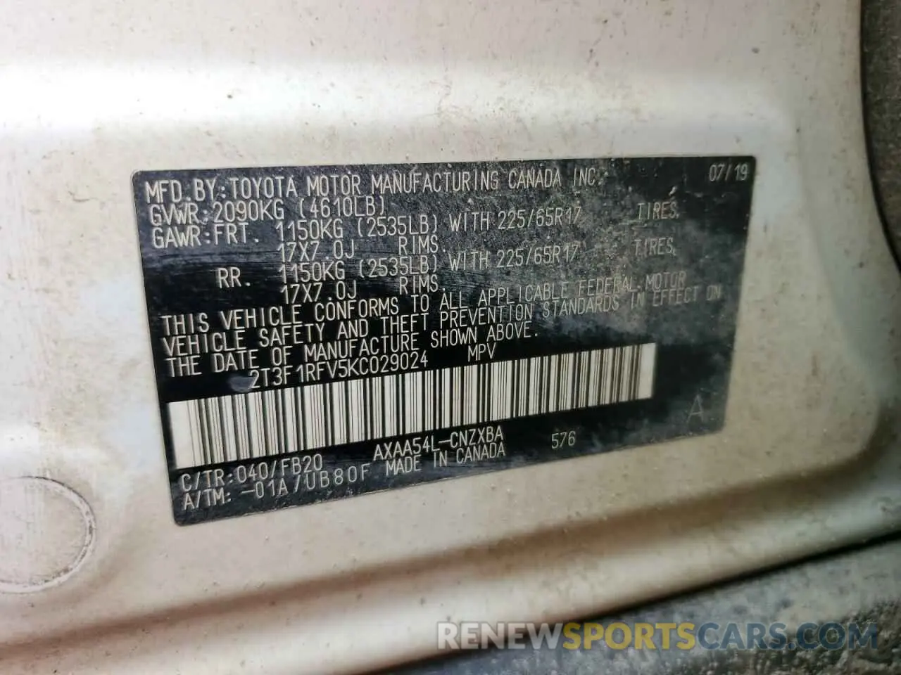13 Photograph of a damaged car 2T3F1RFV5KC029024 TOYOTA RAV4 2019