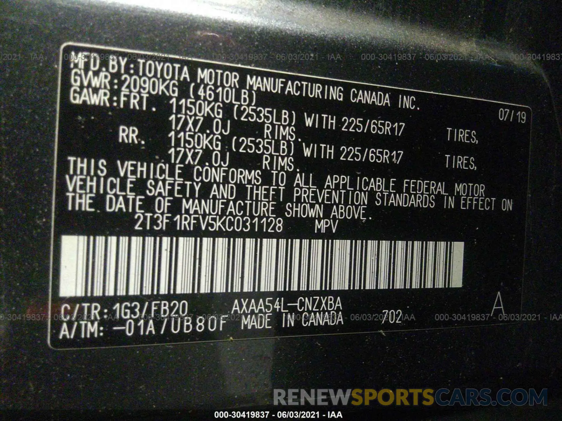 9 Photograph of a damaged car 2T3F1RFV5KC031128 TOYOTA RAV4 2019