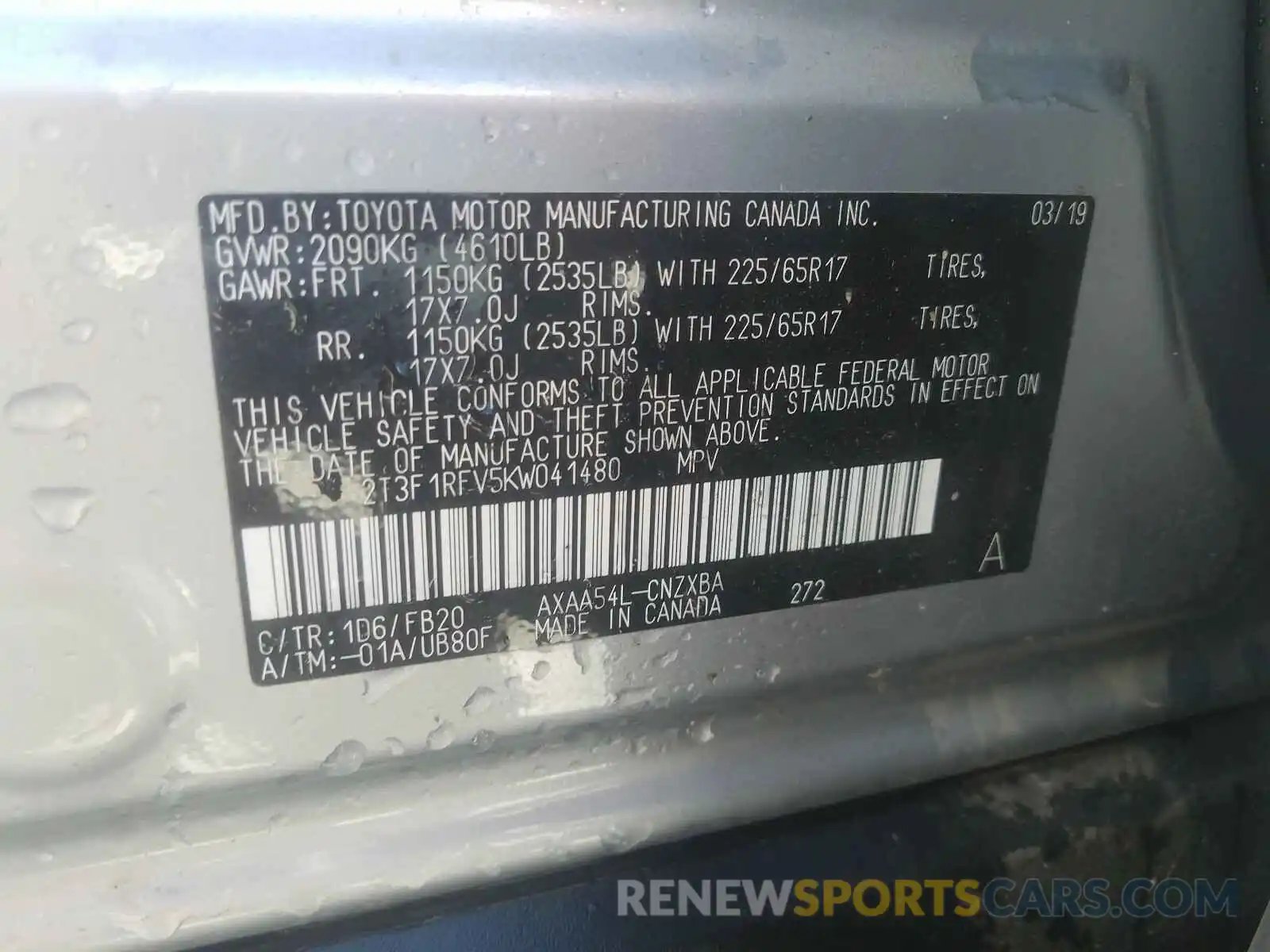 10 Photograph of a damaged car 2T3F1RFV5KW041480 TOYOTA RAV4 2019