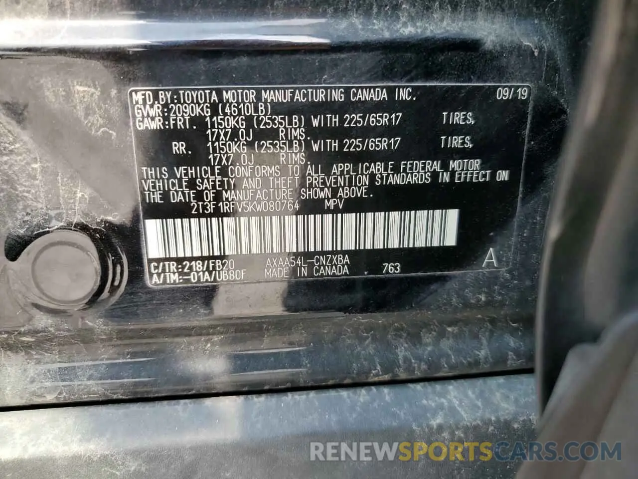 14 Photograph of a damaged car 2T3F1RFV5KW080764 TOYOTA RAV4 2019
