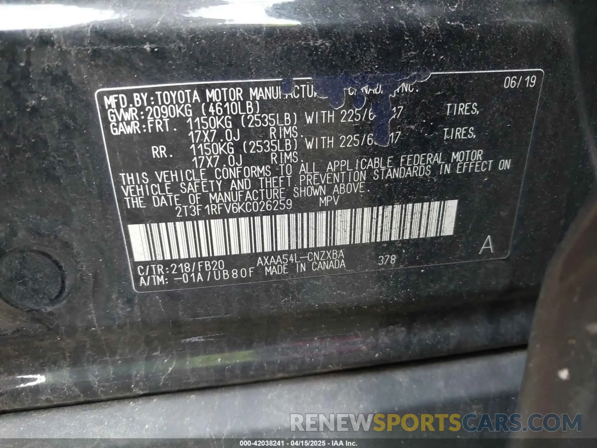 9 Photograph of a damaged car 2T3F1RFV6KC026259 TOYOTA RAV4 2019