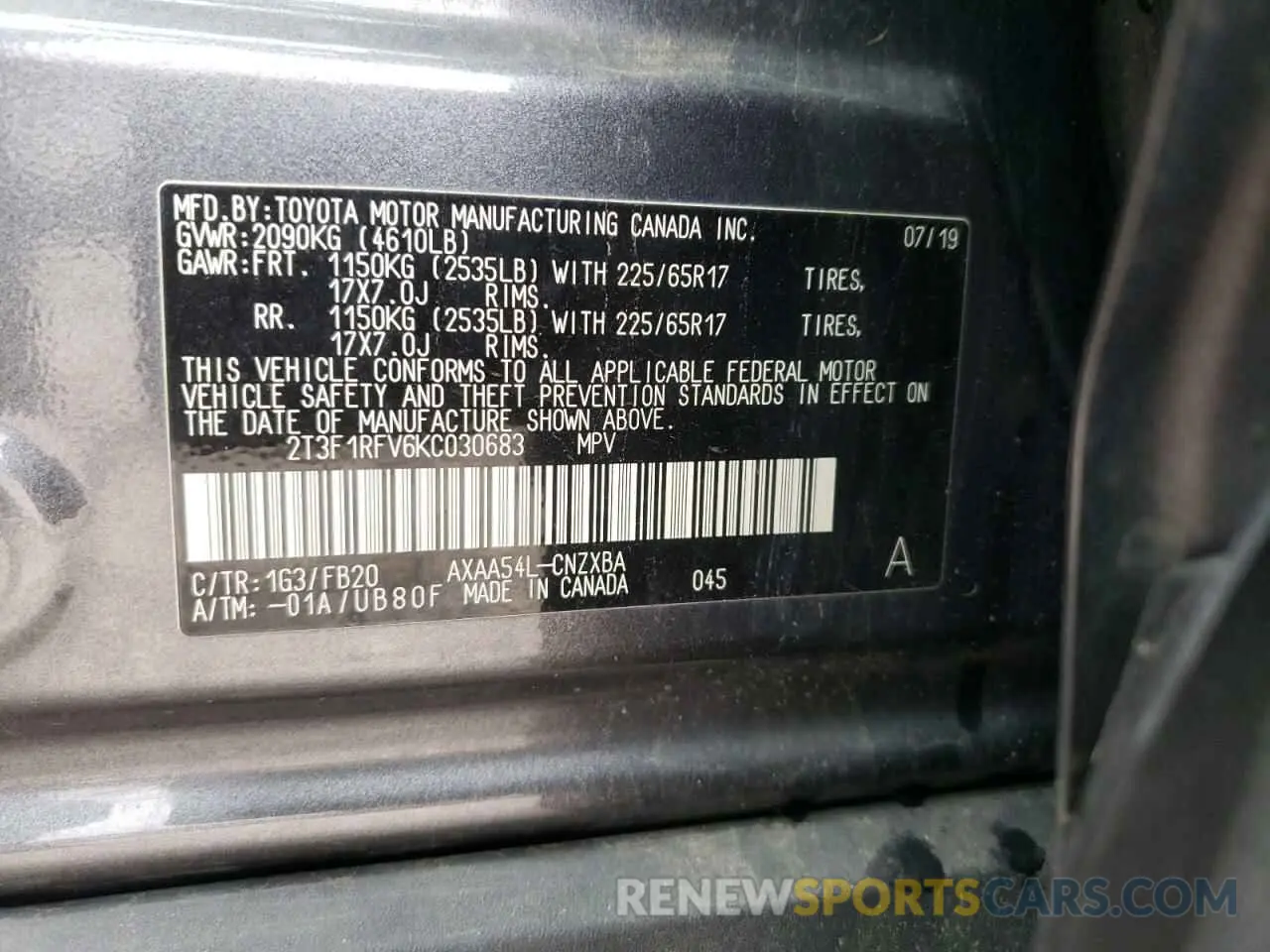 10 Photograph of a damaged car 2T3F1RFV6KC030683 TOYOTA RAV4 2019