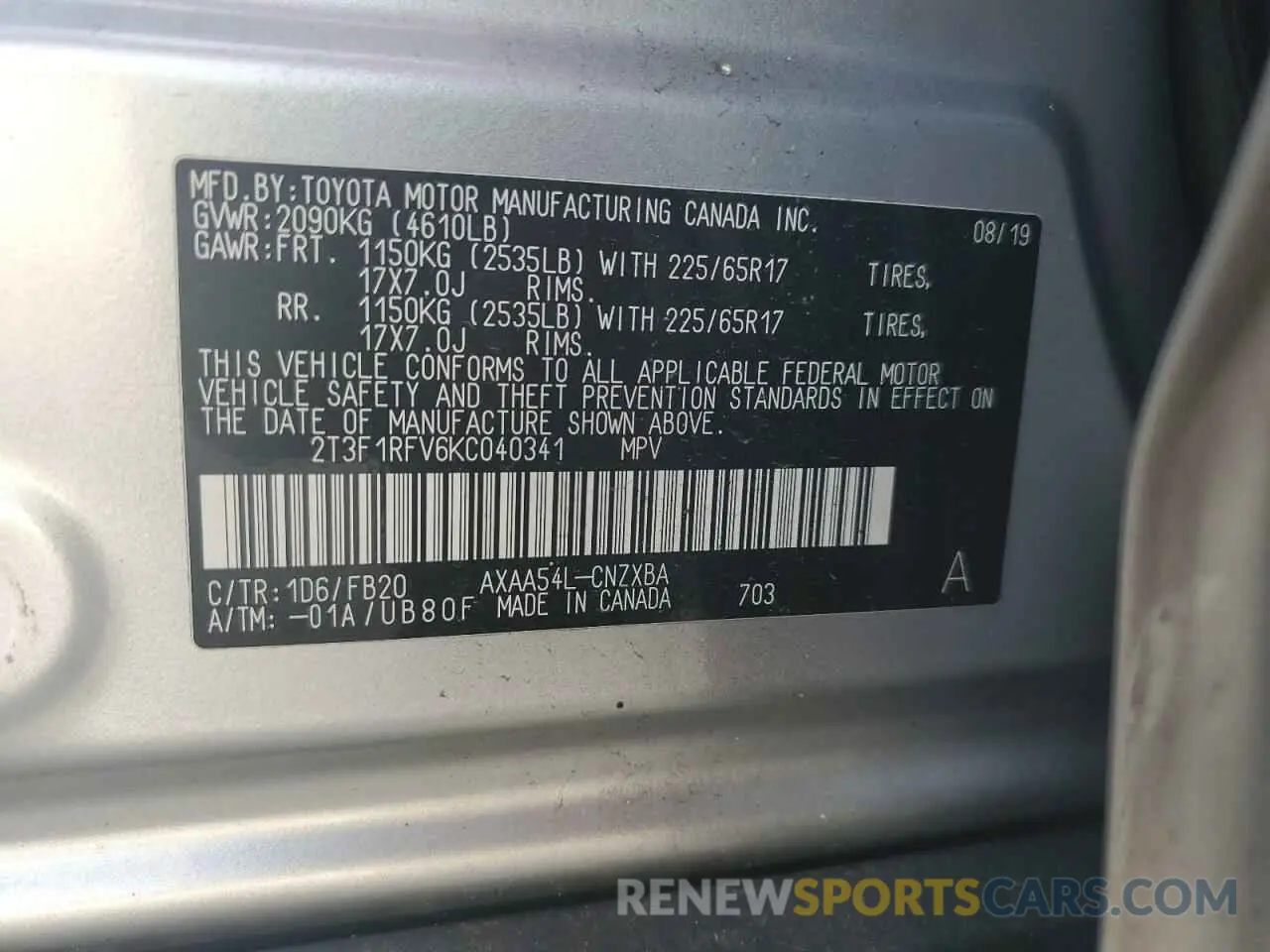 13 Photograph of a damaged car 2T3F1RFV6KC040341 TOYOTA RAV4 2019
