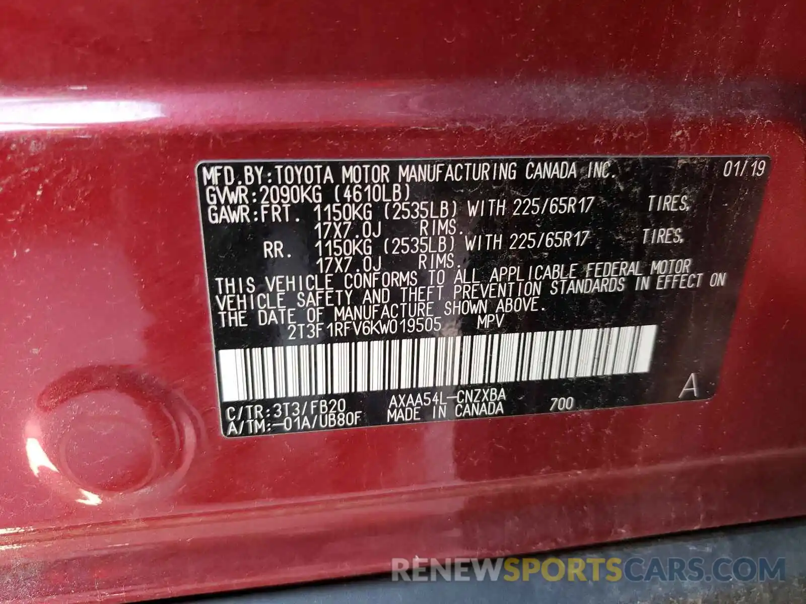 10 Photograph of a damaged car 2T3F1RFV6KW019505 TOYOTA RAV4 2019