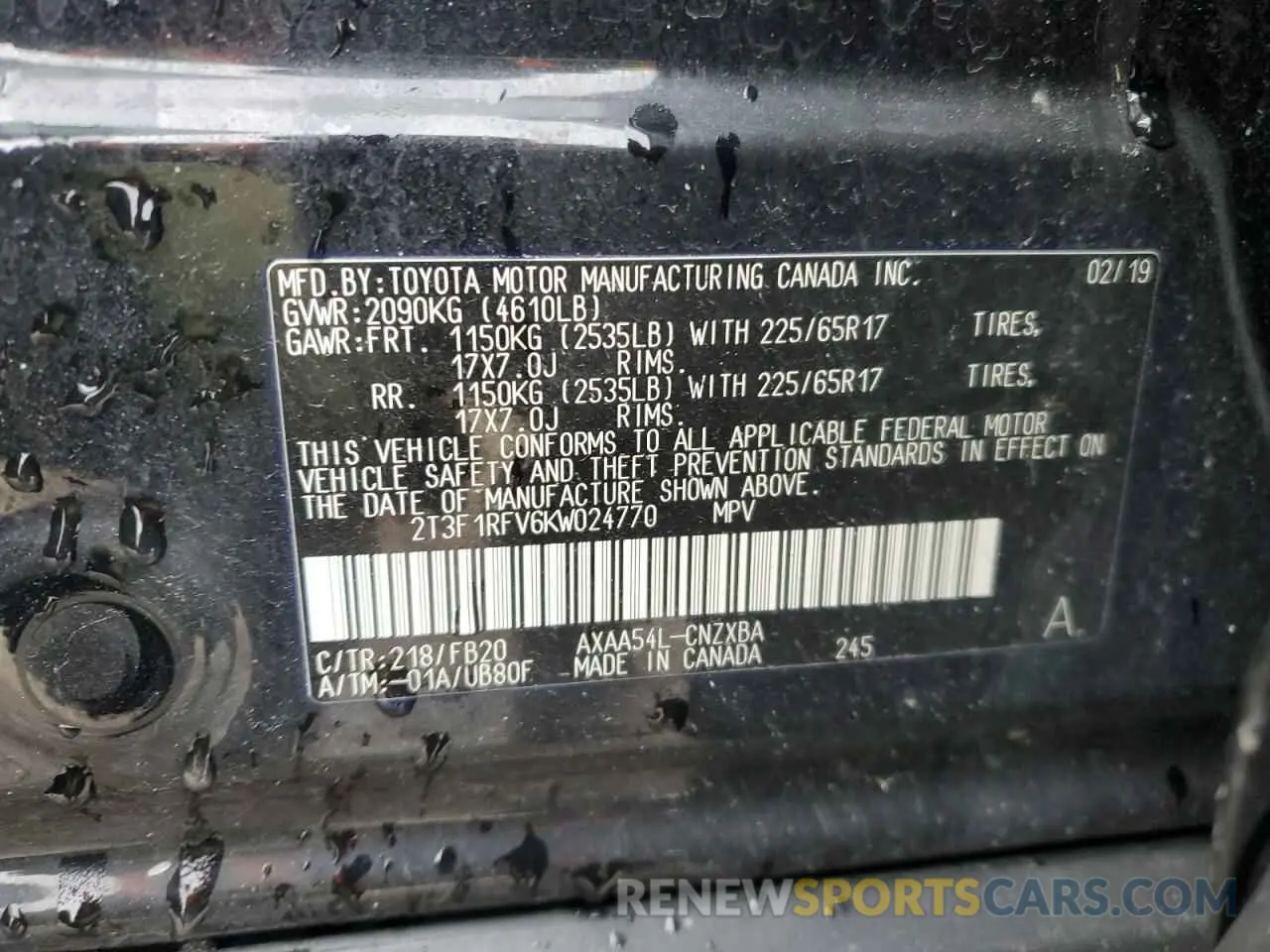 14 Photograph of a damaged car 2T3F1RFV6KW024770 TOYOTA RAV4 2019