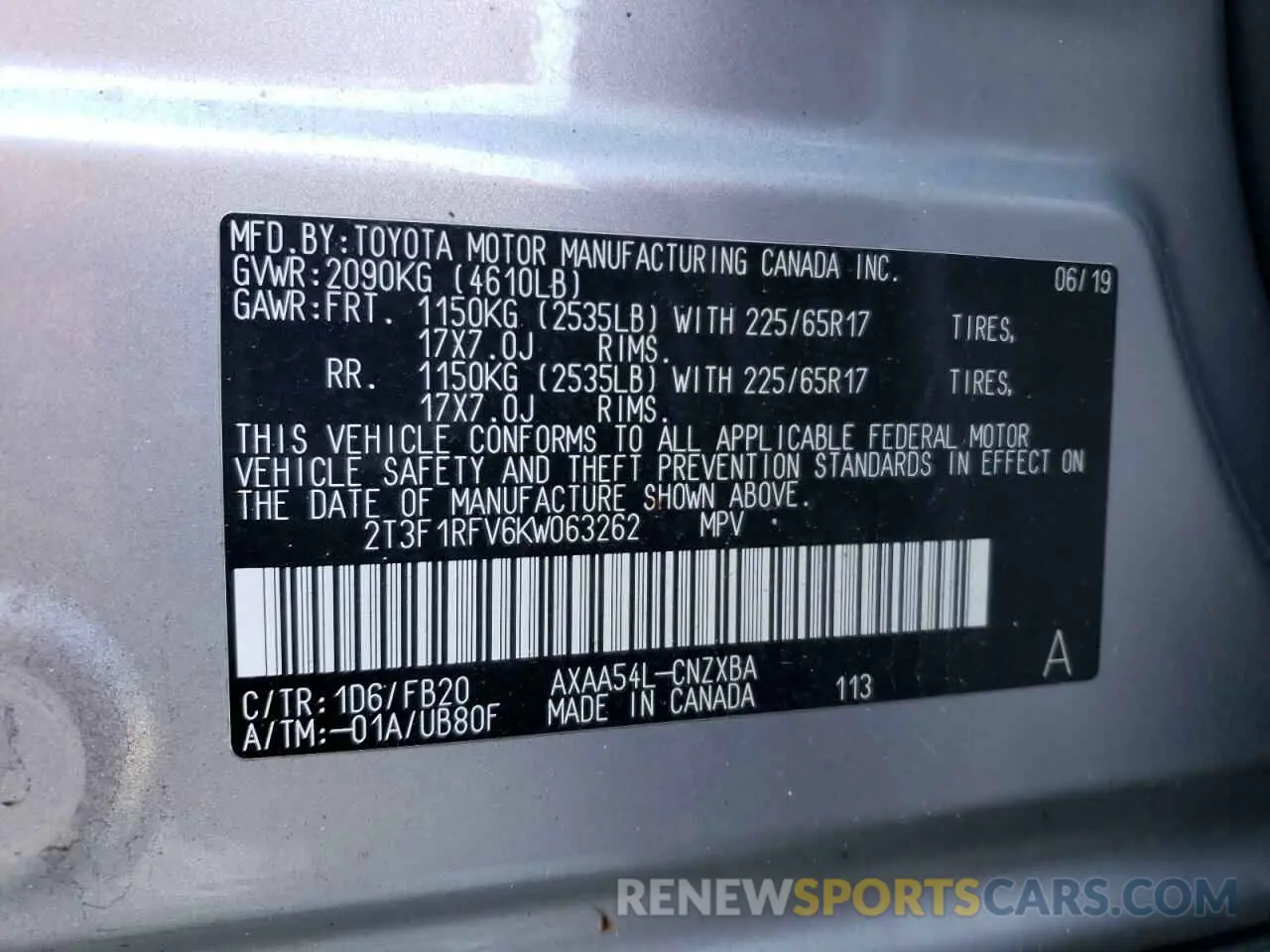 13 Photograph of a damaged car 2T3F1RFV6KW063262 TOYOTA RAV4 2019