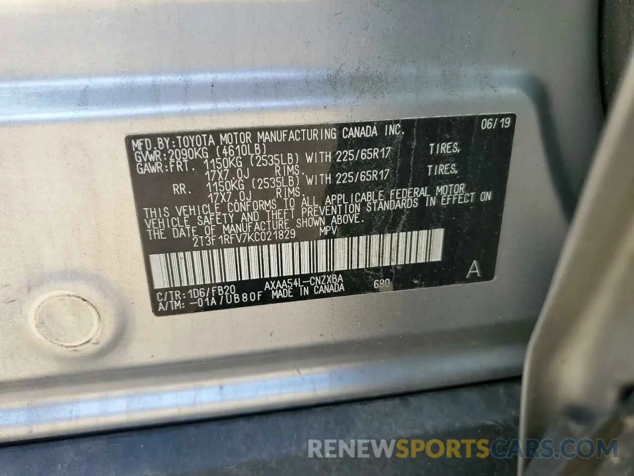 13 Photograph of a damaged car 2T3F1RFV7KC021829 TOYOTA RAV4 2019
