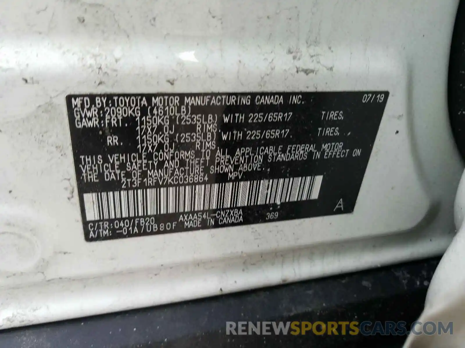 10 Photograph of a damaged car 2T3F1RFV7KC036864 TOYOTA RAV4 2019