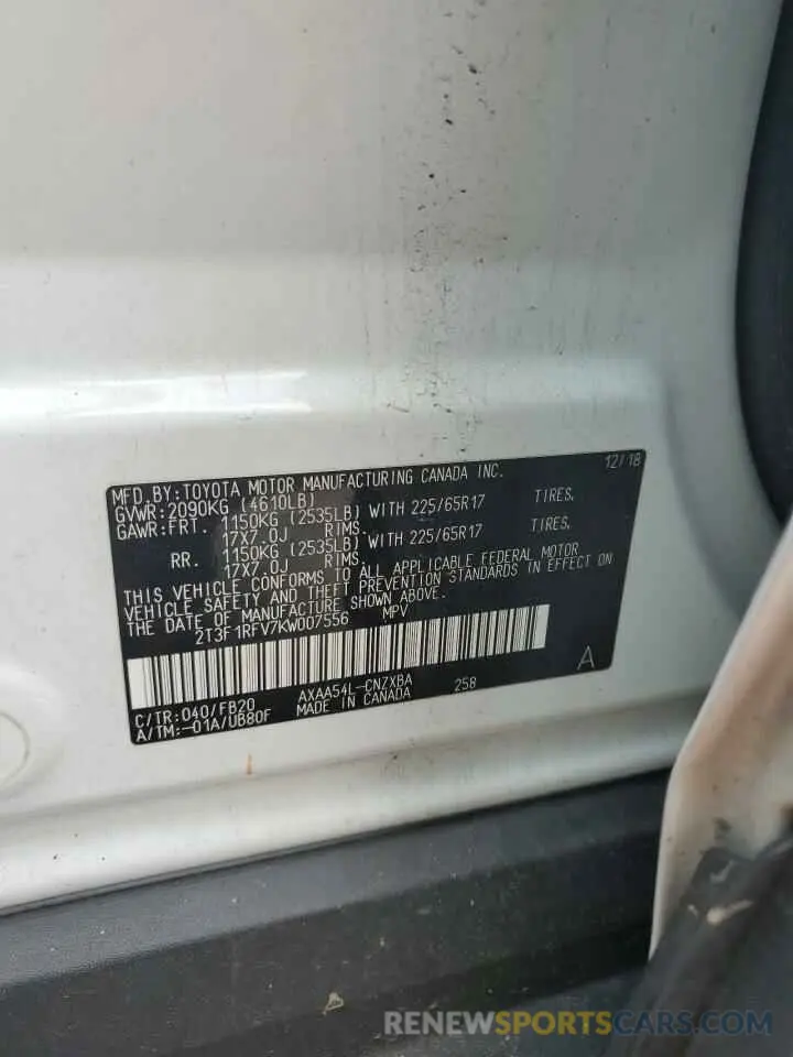 14 Photograph of a damaged car 2T3F1RFV7KW007556 TOYOTA RAV4 2019