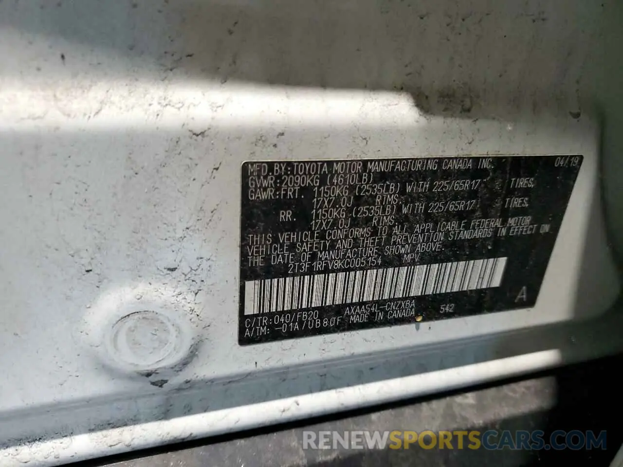 13 Photograph of a damaged car 2T3F1RFV8KC005154 TOYOTA RAV4 2019