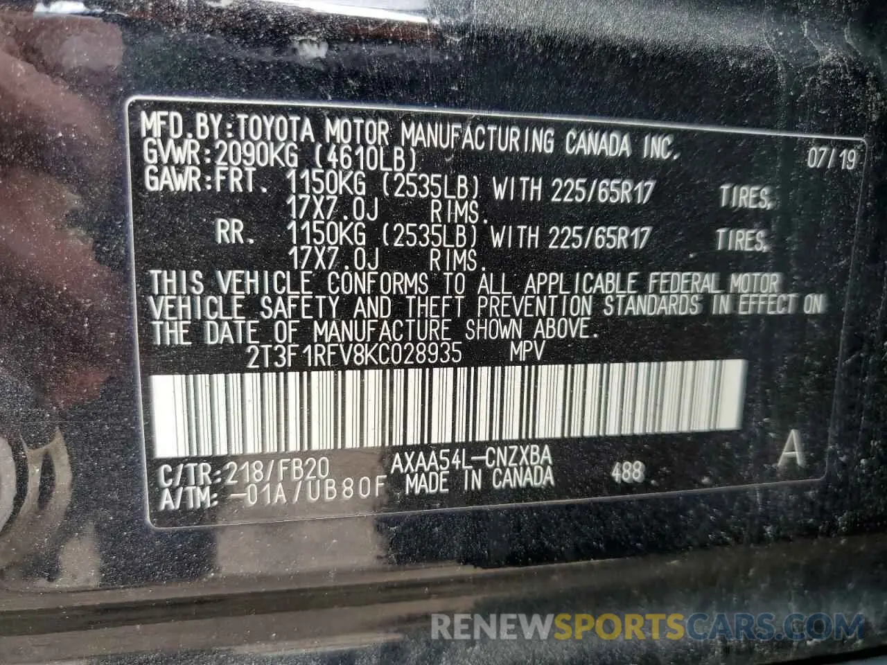 13 Photograph of a damaged car 2T3F1RFV8KC028935 TOYOTA RAV4 2019