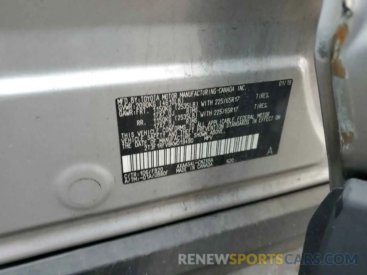 14 Photograph of a damaged car 2T3F1RFV8KW019490 TOYOTA RAV4 2019