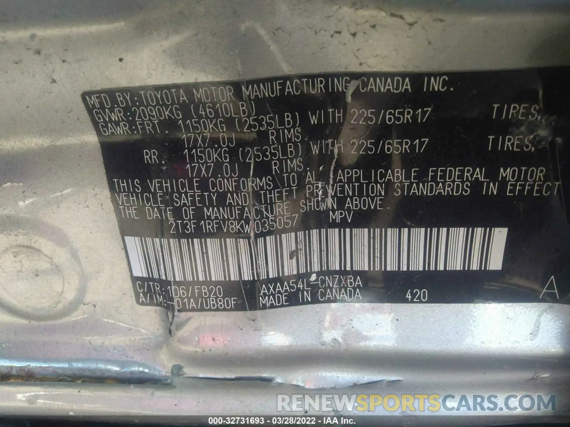 9 Photograph of a damaged car 2T3F1RFV8KW035057 TOYOTA RAV4 2019