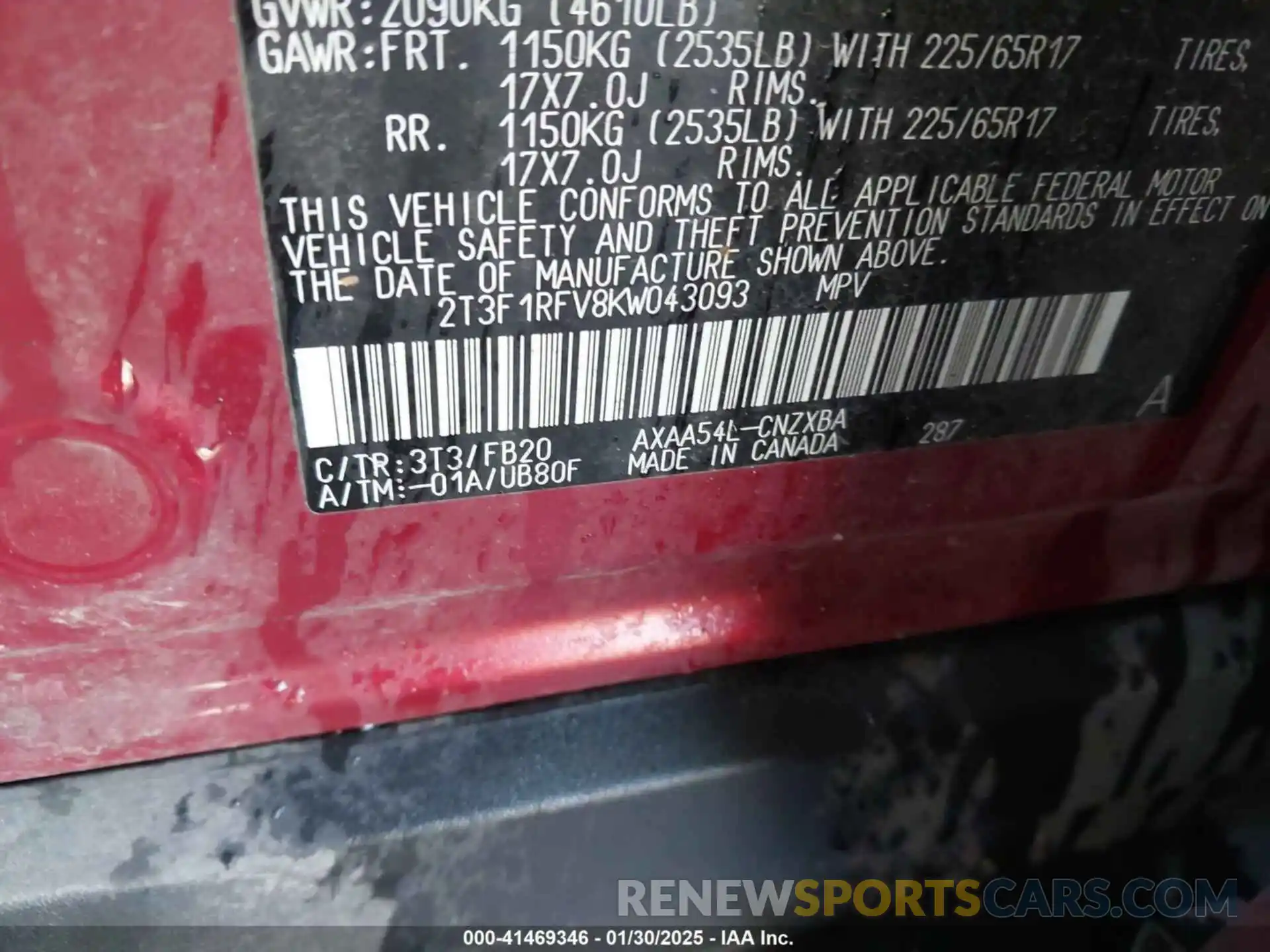 9 Photograph of a damaged car 2T3F1RFV8KW043093 TOYOTA RAV4 2019