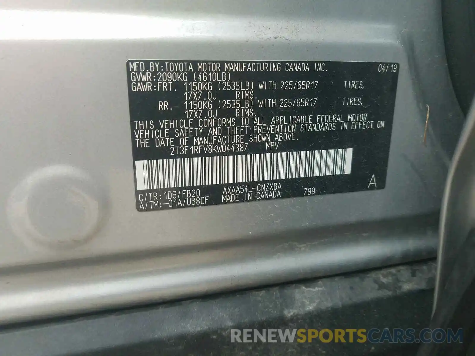 10 Photograph of a damaged car 2T3F1RFV8KW044387 TOYOTA RAV4 2019