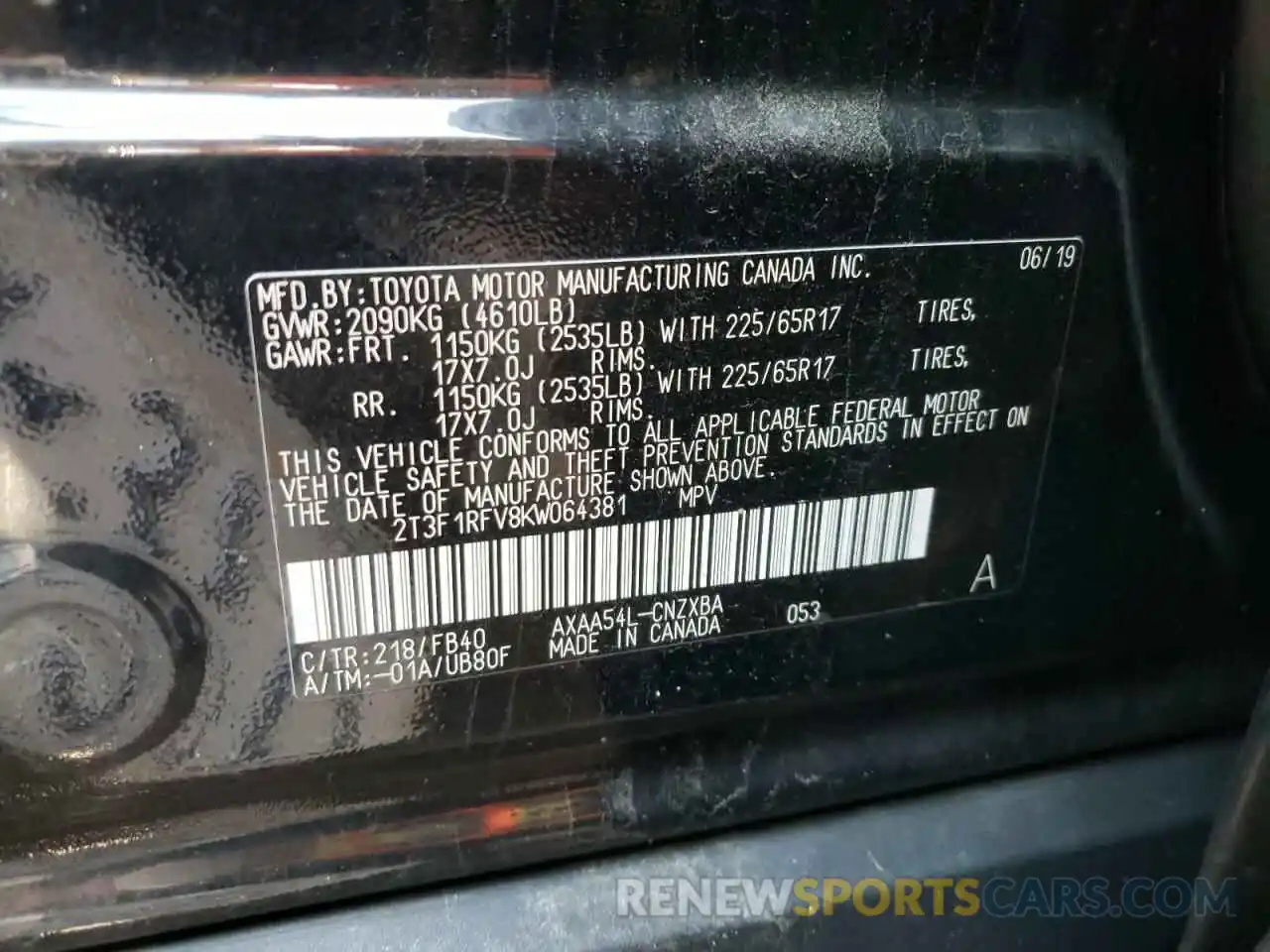 10 Photograph of a damaged car 2T3F1RFV8KW064381 TOYOTA RAV4 2019