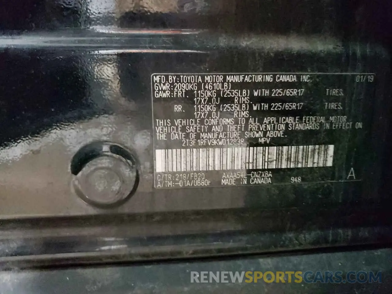 12 Photograph of a damaged car 2T3F1RFV9KW012838 TOYOTA RAV4 2019