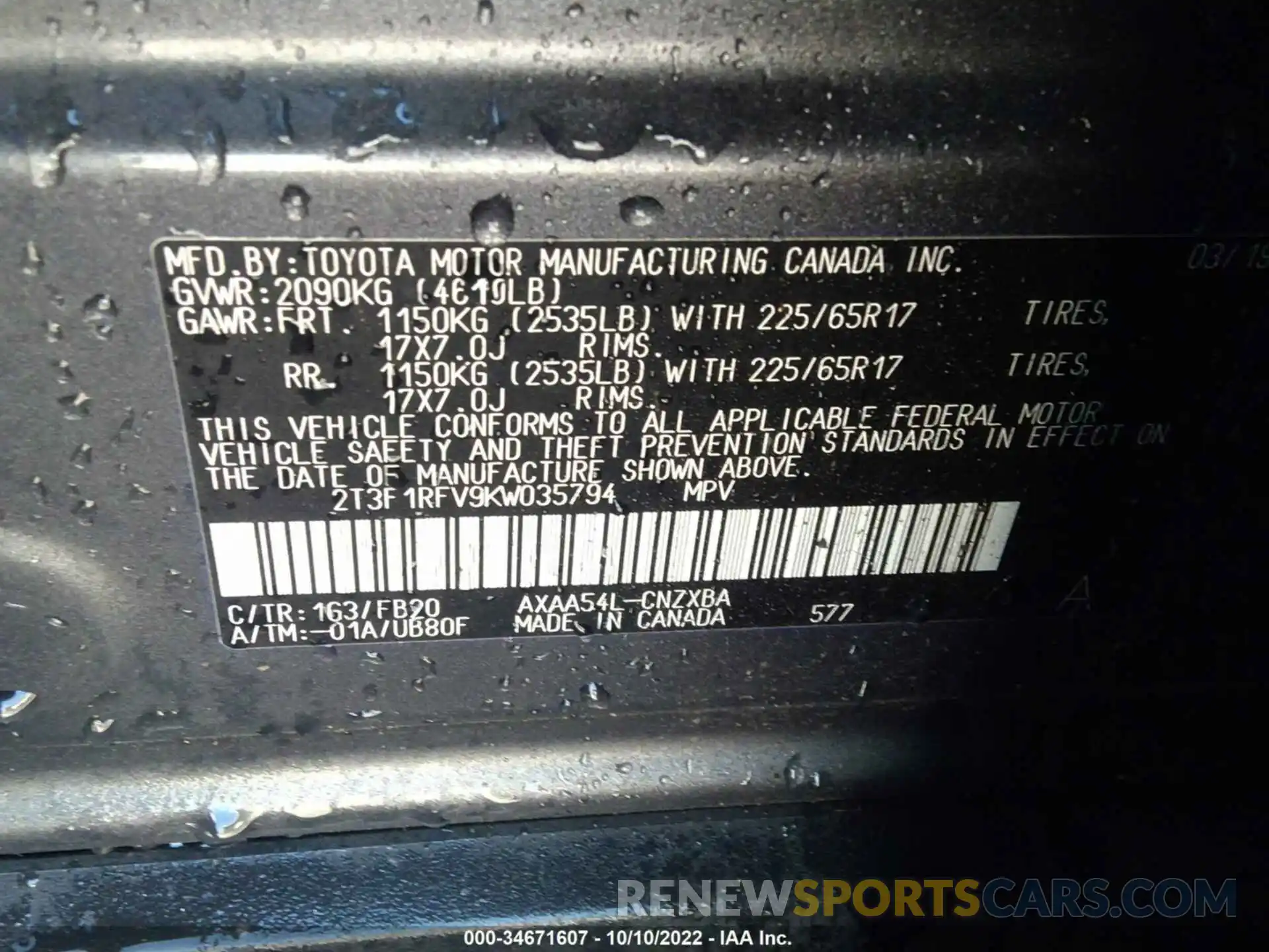 9 Photograph of a damaged car 2T3F1RFV9KW035794 TOYOTA RAV4 2019