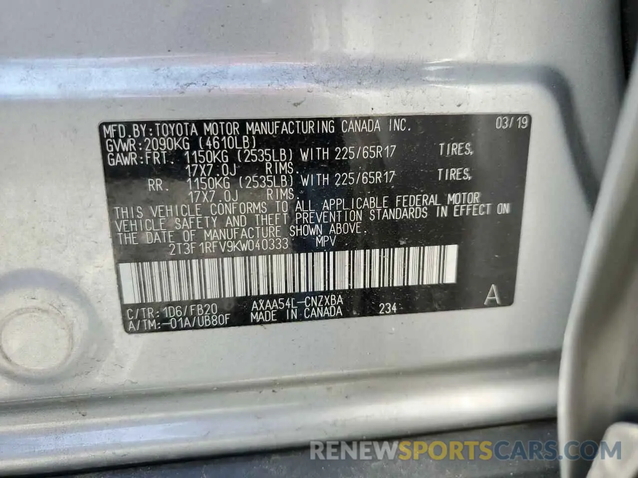 14 Photograph of a damaged car 2T3F1RFV9KW040333 TOYOTA RAV4 2019