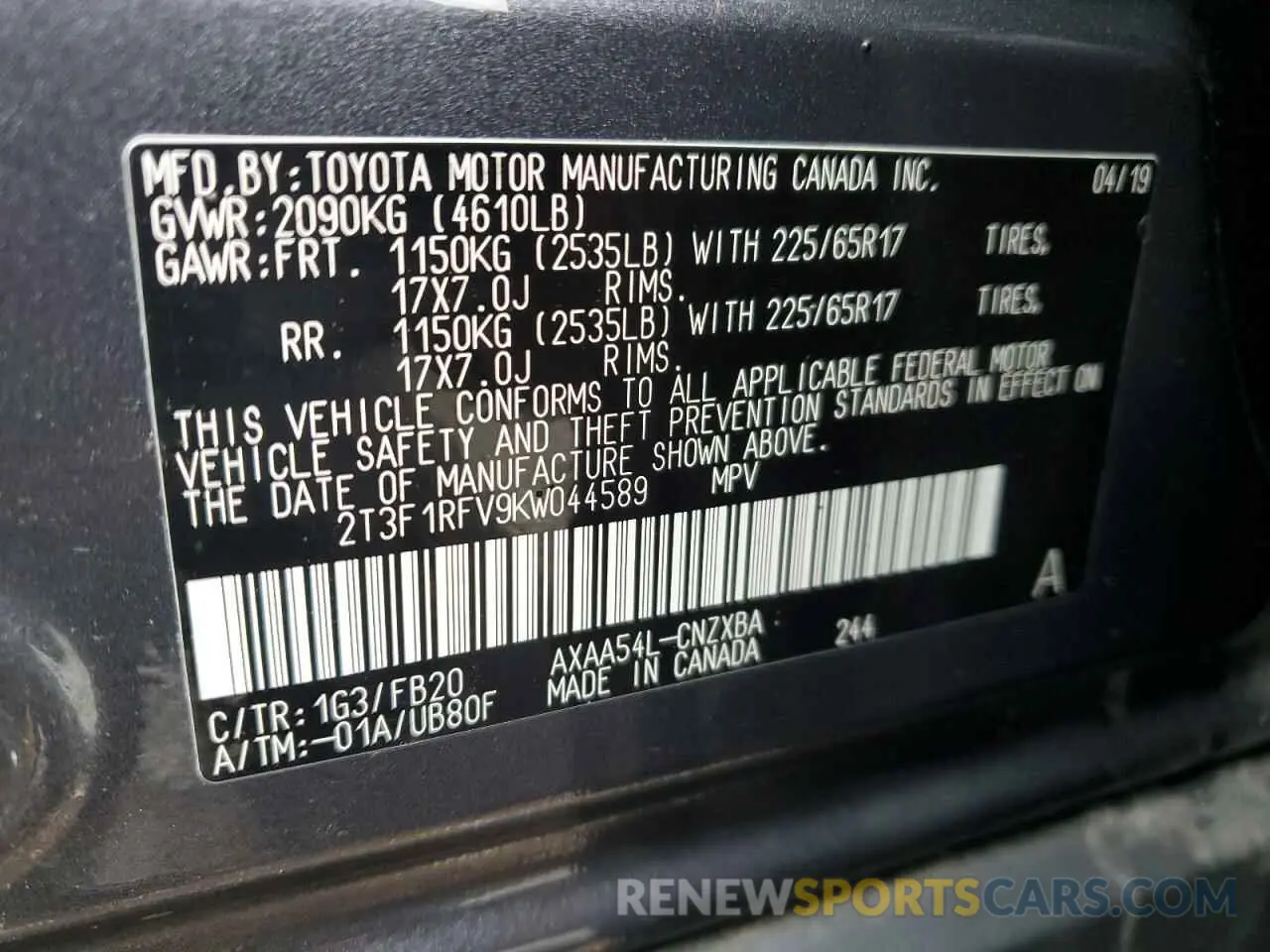 14 Photograph of a damaged car 2T3F1RFV9KW044589 TOYOTA RAV4 2019