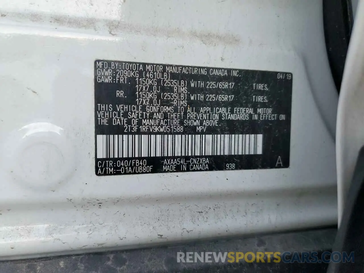 13 Photograph of a damaged car 2T3F1RFV9KW051588 TOYOTA RAV4 2019