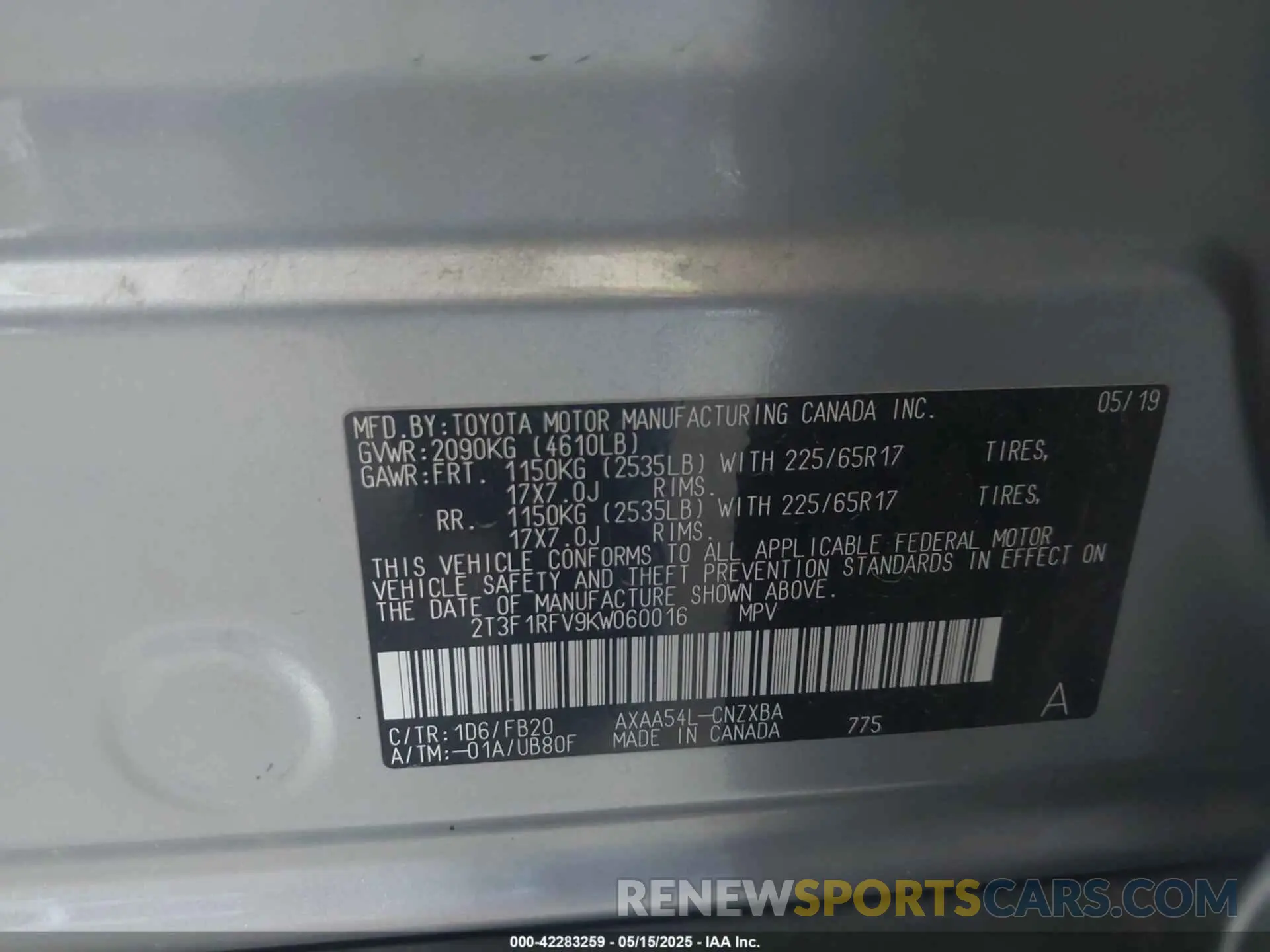 9 Photograph of a damaged car 2T3F1RFV9KW060016 TOYOTA RAV4 2019