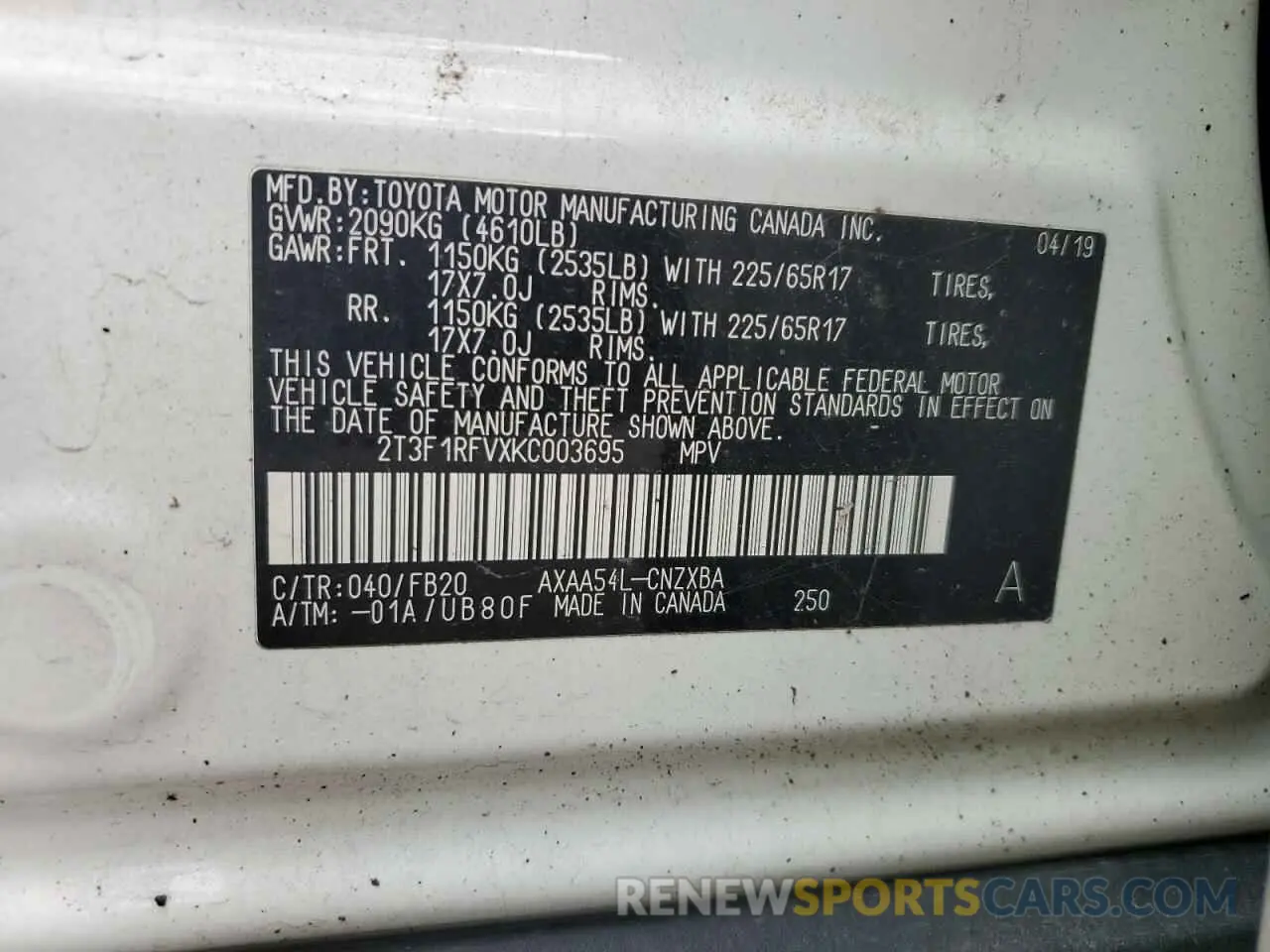 13 Photograph of a damaged car 2T3F1RFVXKC003695 TOYOTA RAV4 2019