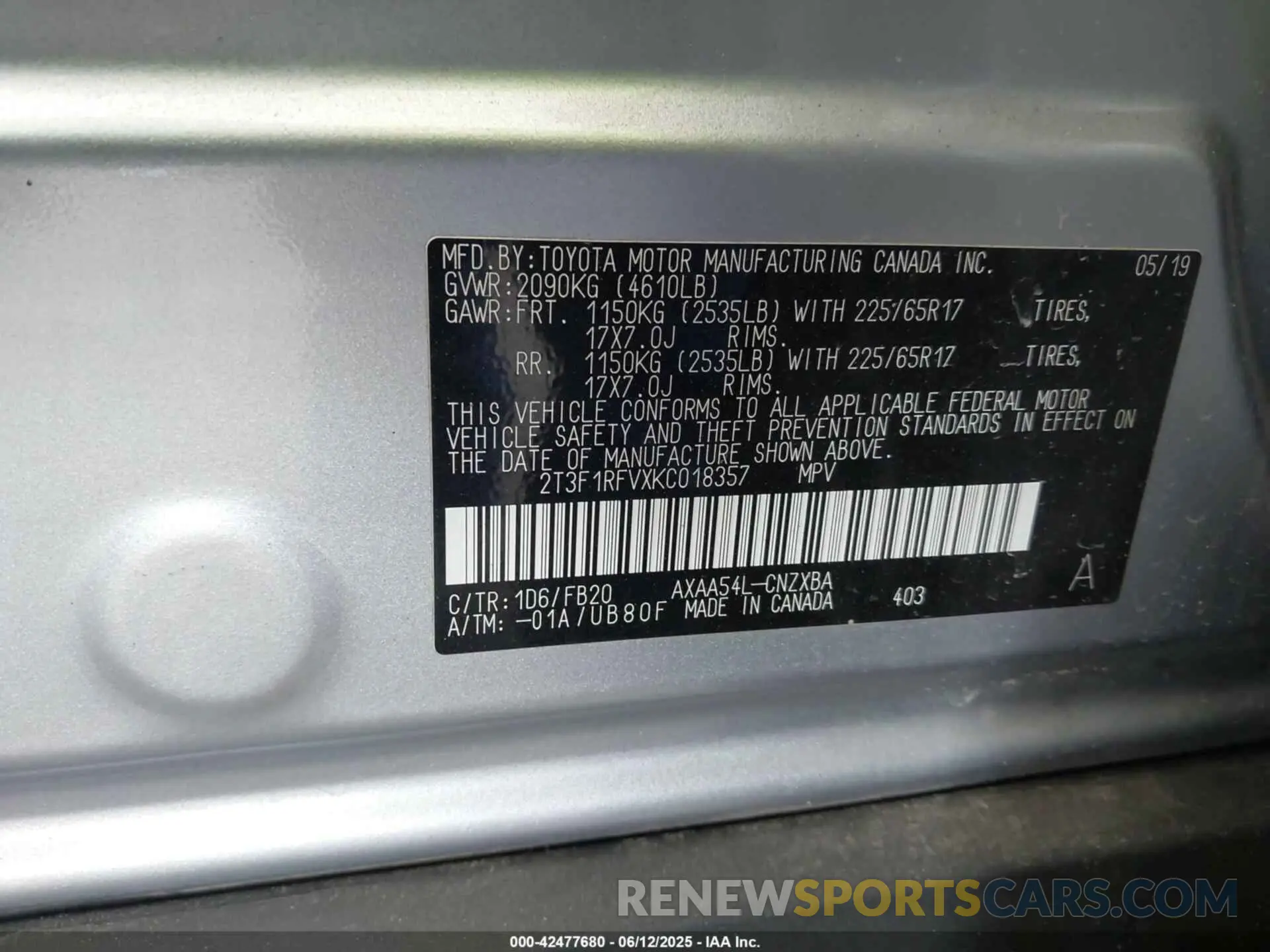 9 Photograph of a damaged car 2T3F1RFVXKC018357 TOYOTA RAV4 2019