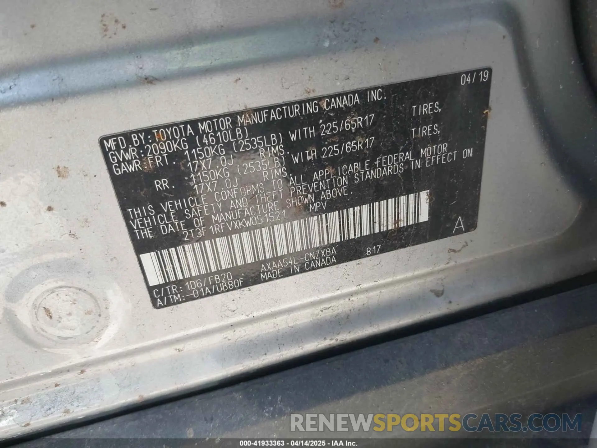 9 Photograph of a damaged car 2T3F1RFVXKW051521 TOYOTA RAV4 2019