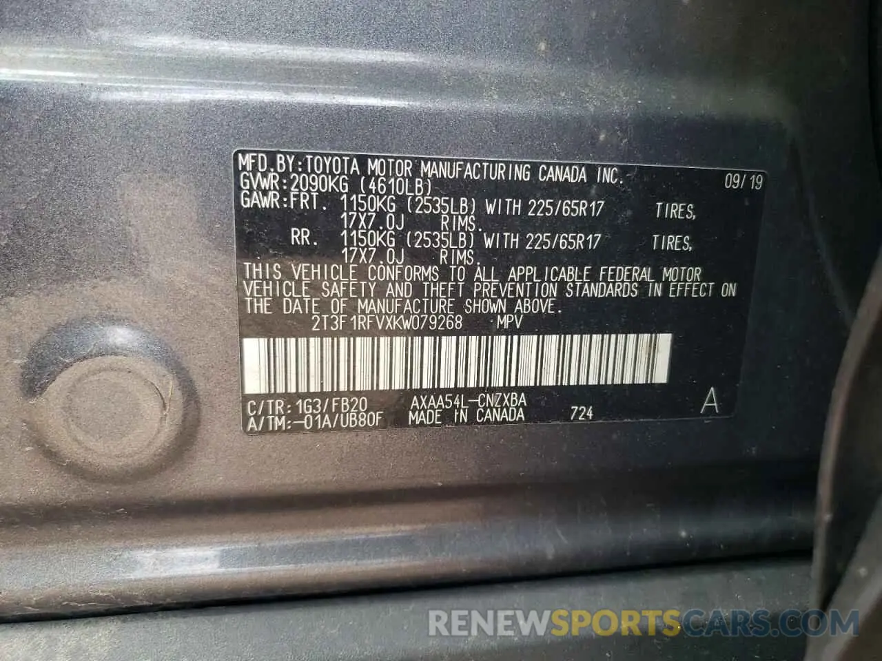13 Photograph of a damaged car 2T3F1RFVXKW079268 TOYOTA RAV4 2019