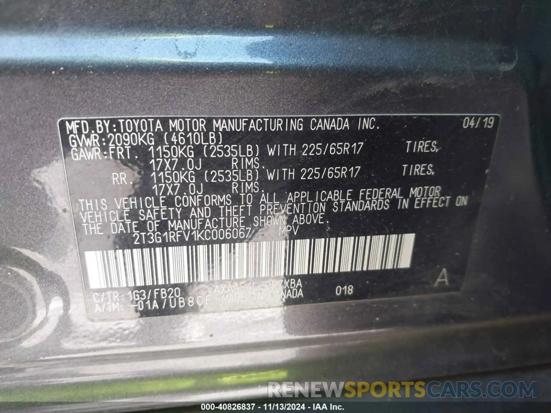 9 Photograph of a damaged car 2T3G1RFV1KC006067 TOYOTA RAV4 2019