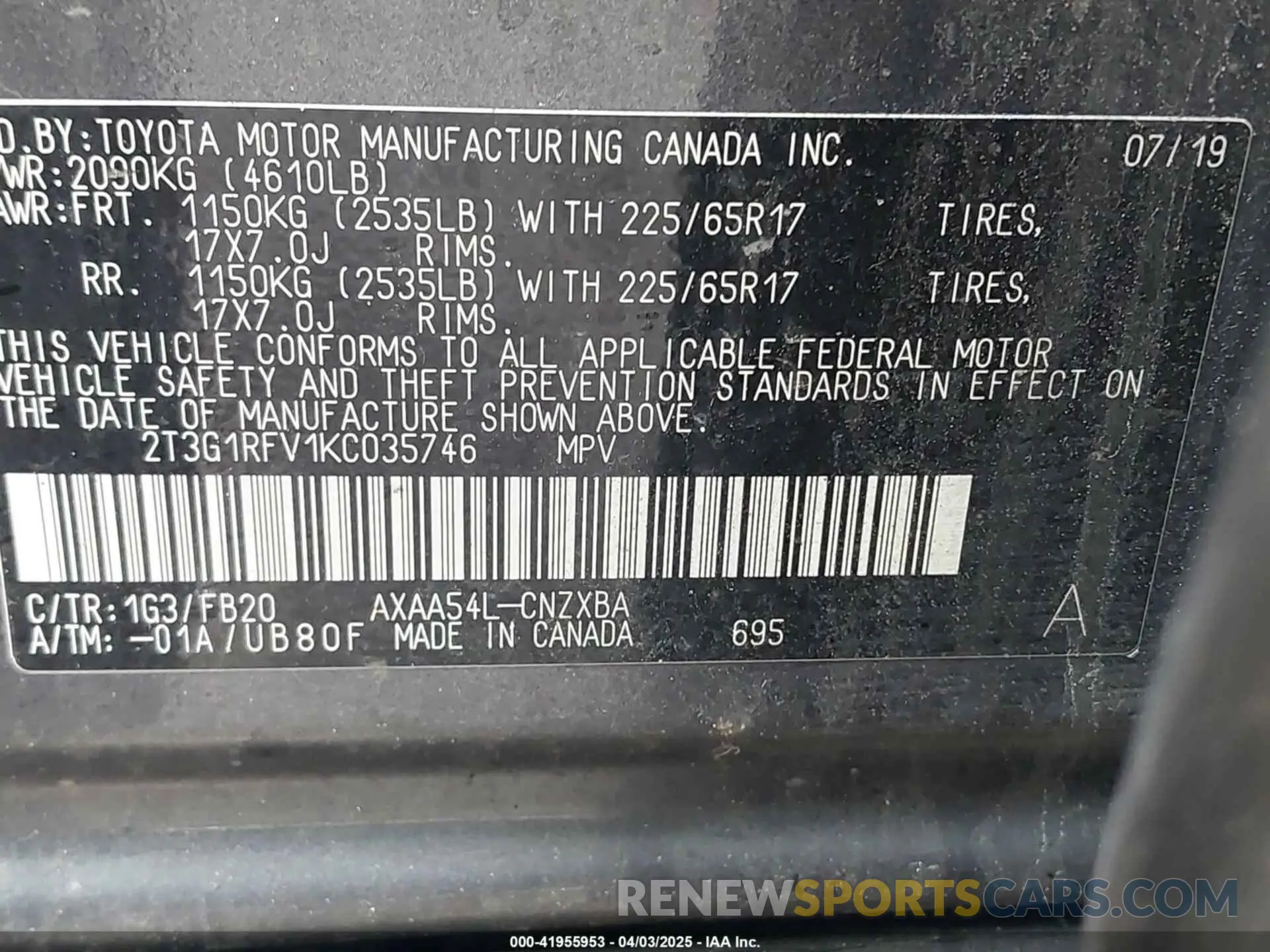 9 Photograph of a damaged car 2T3G1RFV1KC035746 TOYOTA RAV4 2019