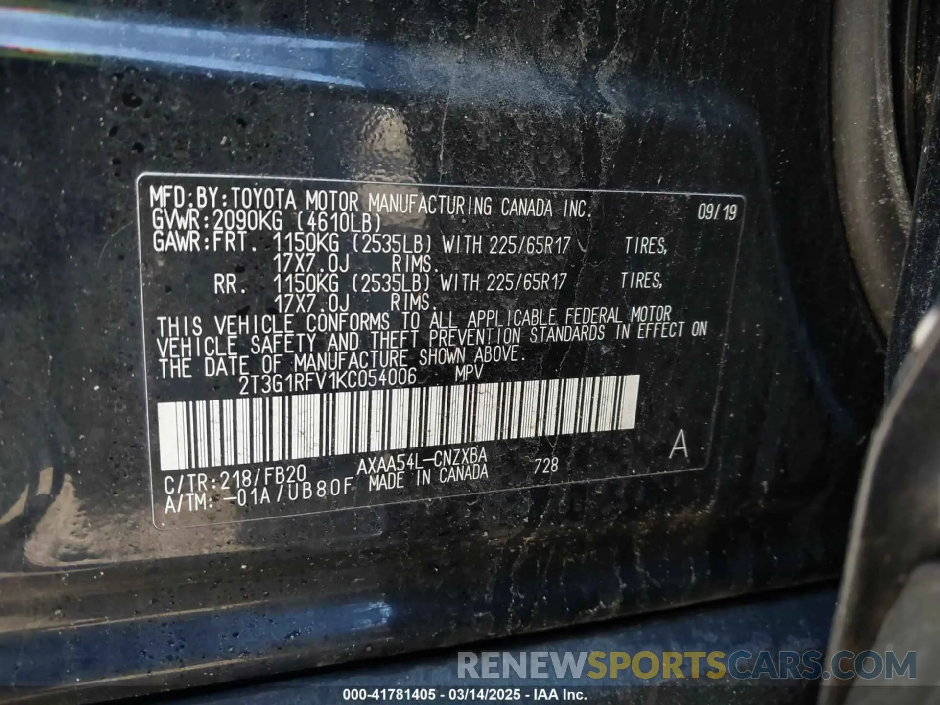 9 Photograph of a damaged car 2T3G1RFV1KC054006 TOYOTA RAV4 2019