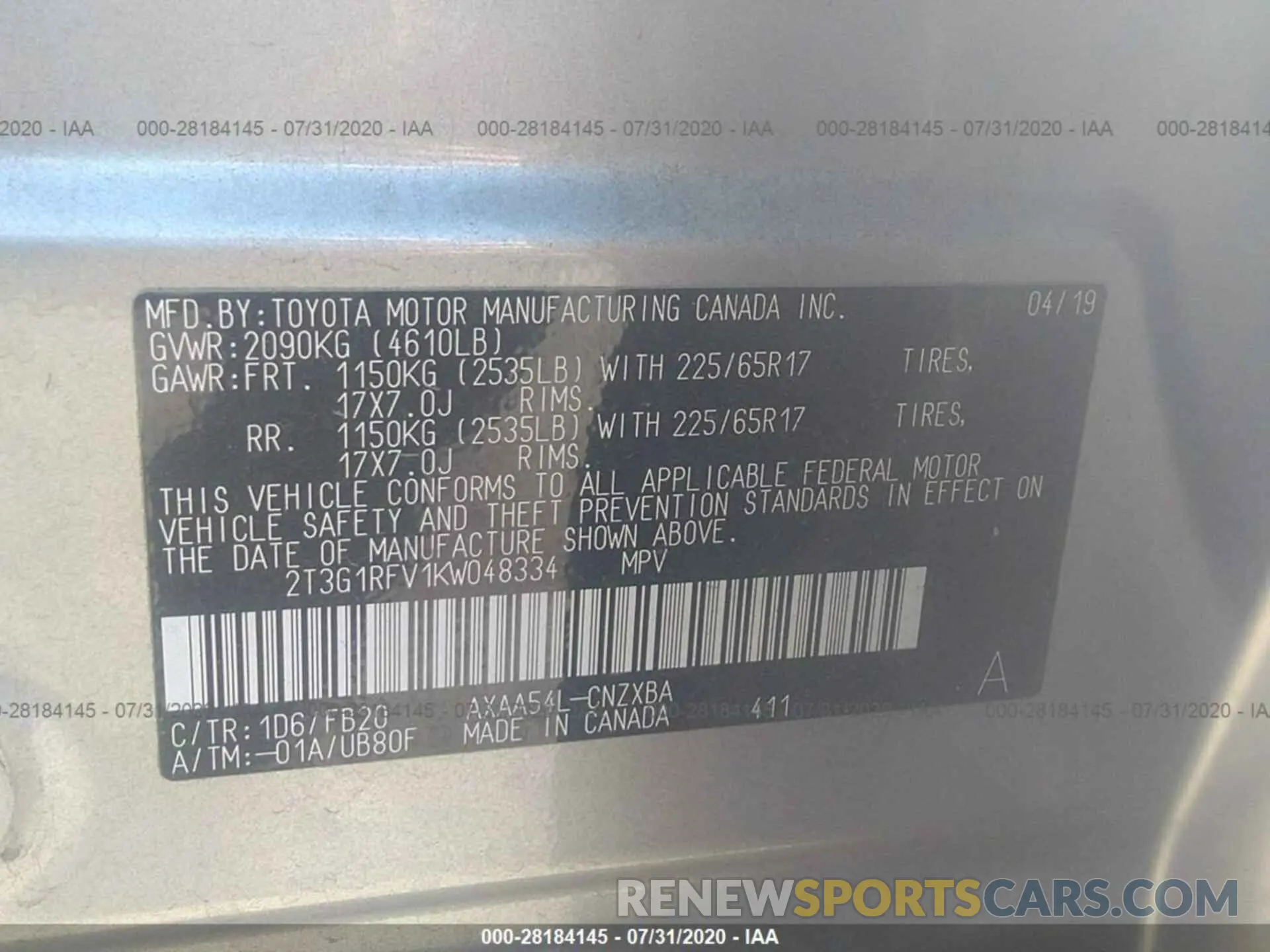 9 Photograph of a damaged car 2T3G1RFV1KW048334 TOYOTA RAV4 2019